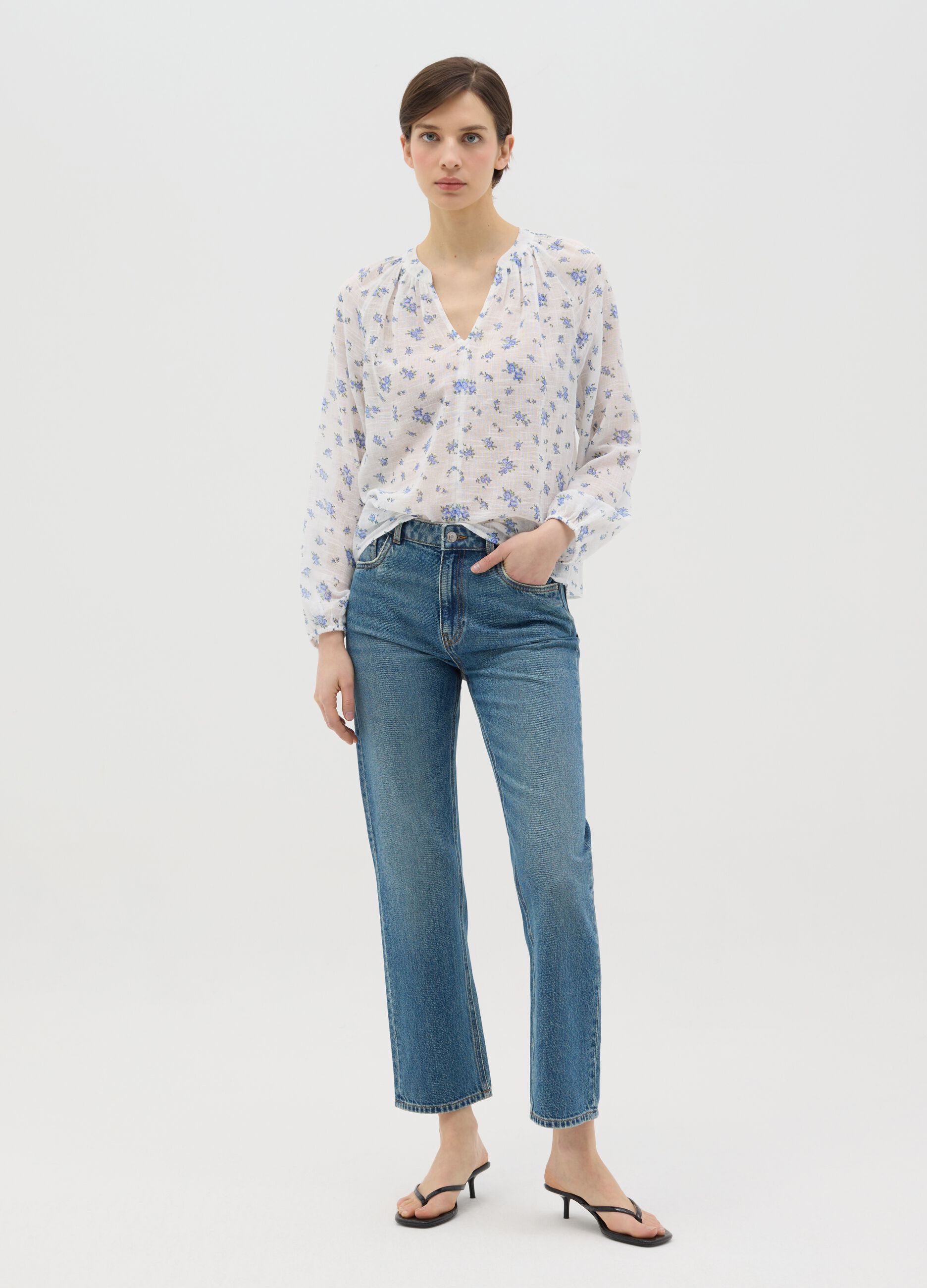 White and blue brushed blouse