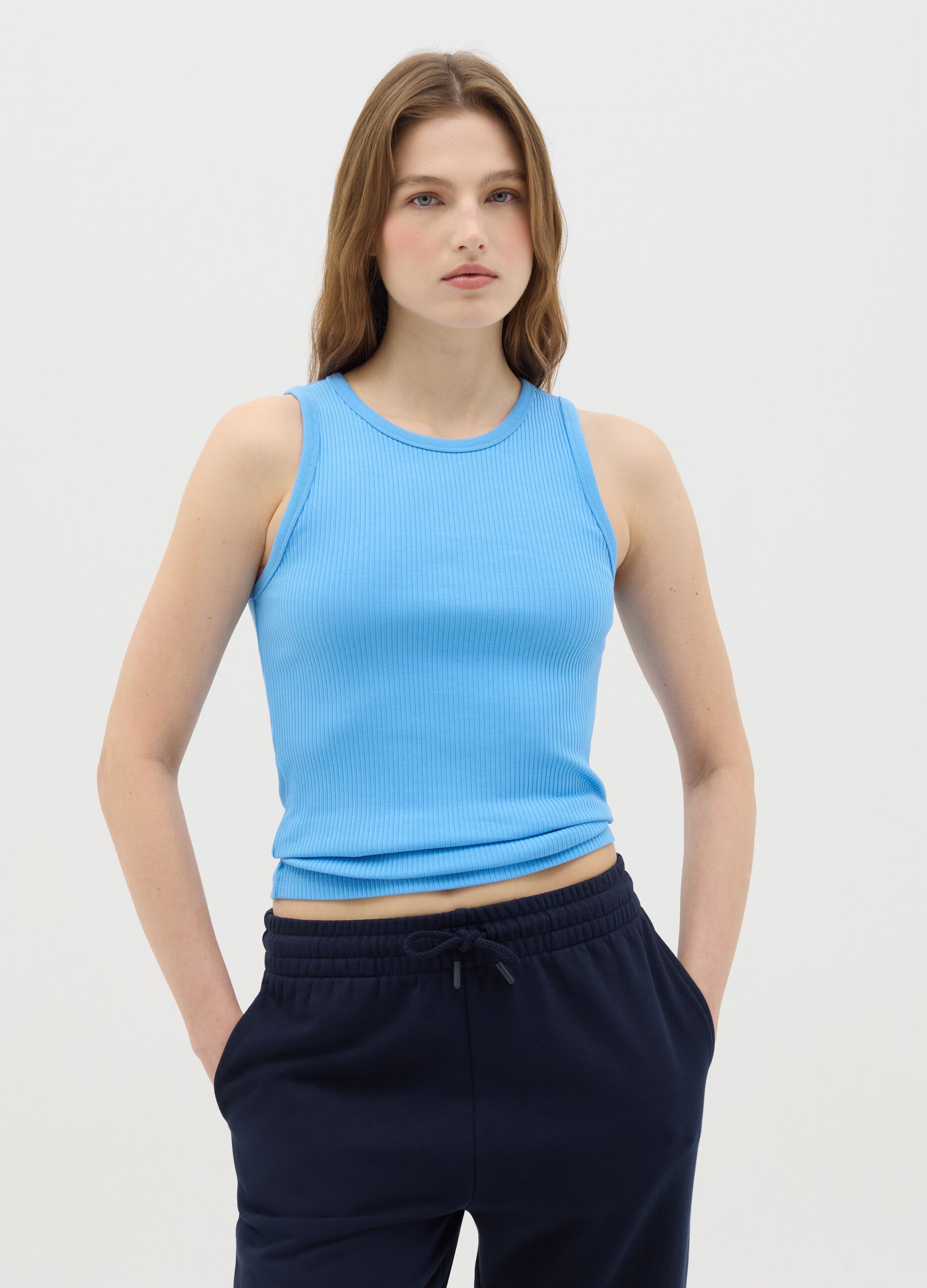 Light blue stretch cotton tank top by Ovs