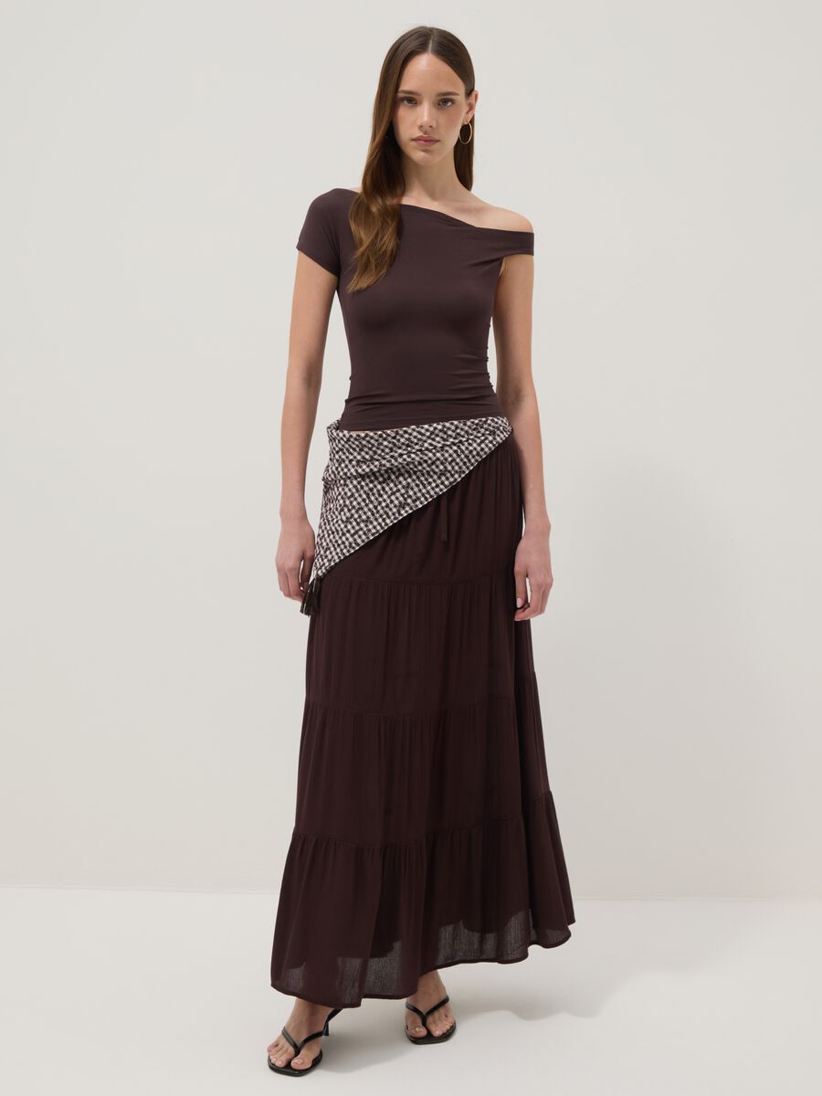 Brown stretch viscose T-shirt with Bardot neckline_2