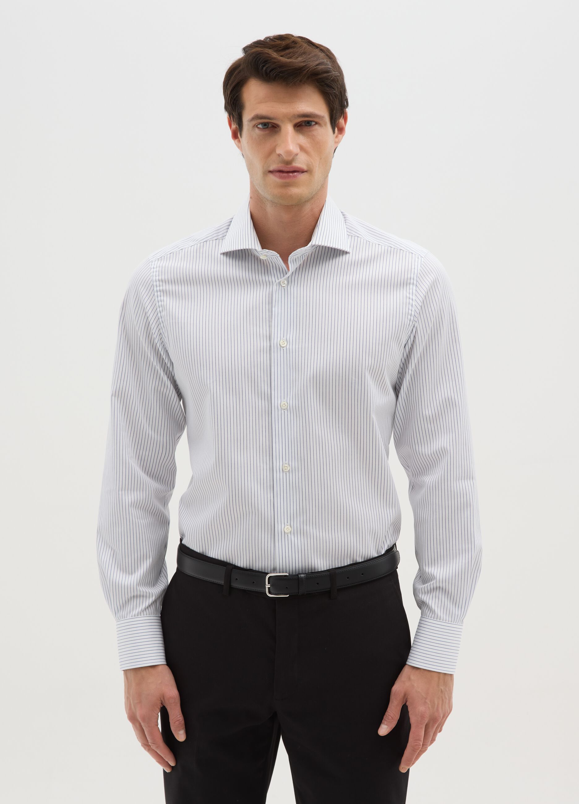 Light blue shirt with white stripes in pure cotton slim fit