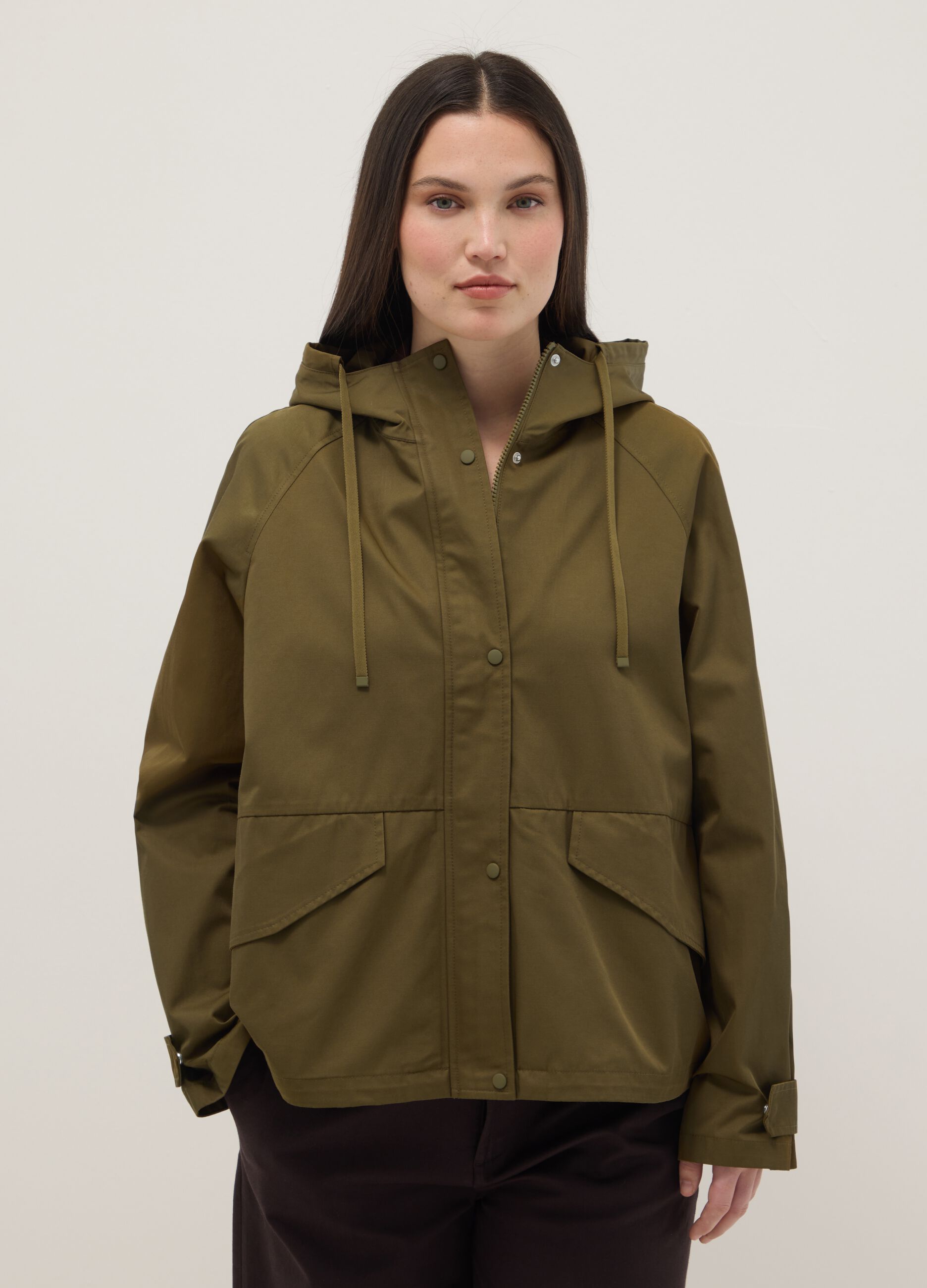 Regular fit green cotton blend parka jacket with hood