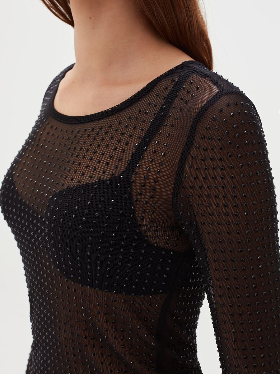 T-shirt in mesh con strass all-over_3