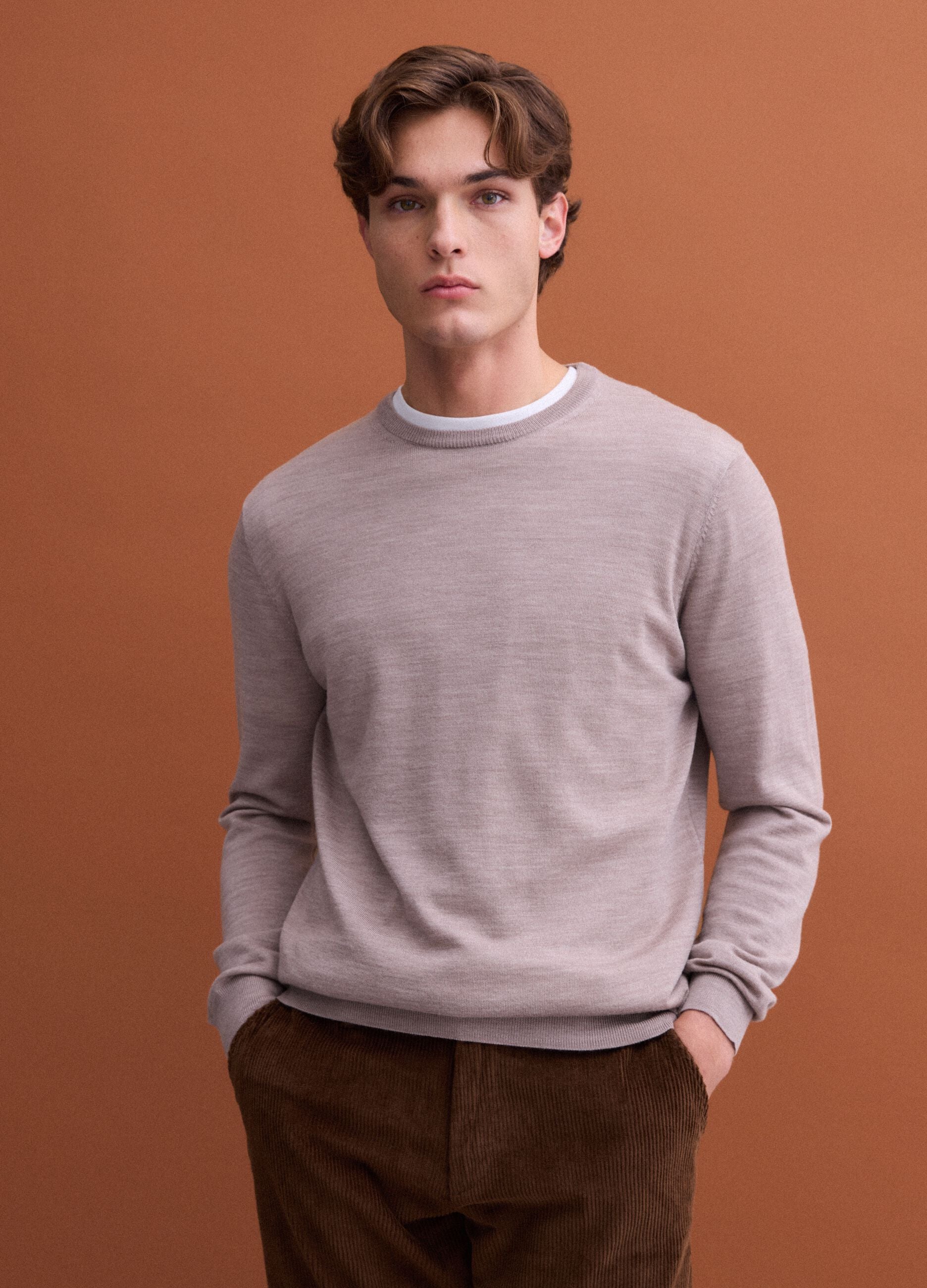 Beige pure merino wool crew-neck jumper, regular fit