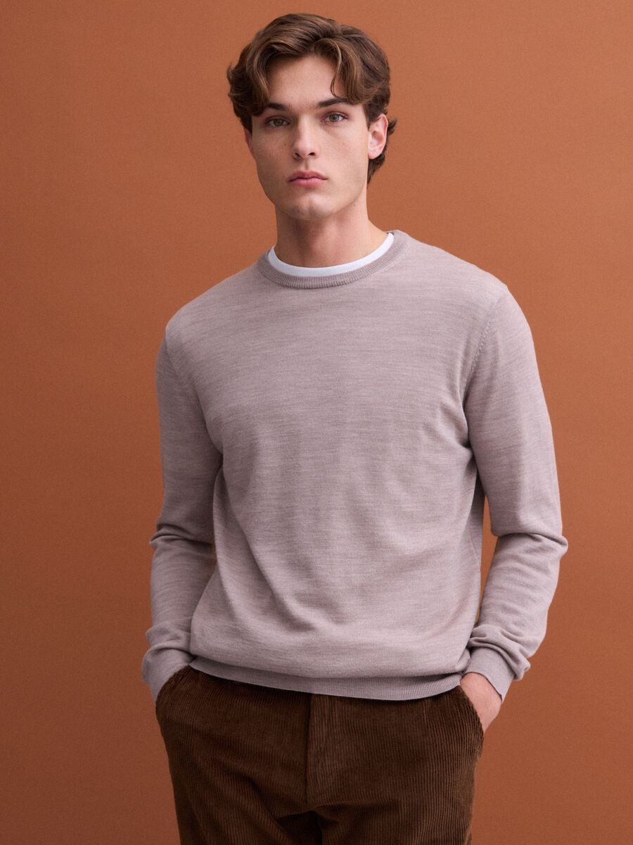 Maglia beige girocollo in pura lana merino regular fit_0