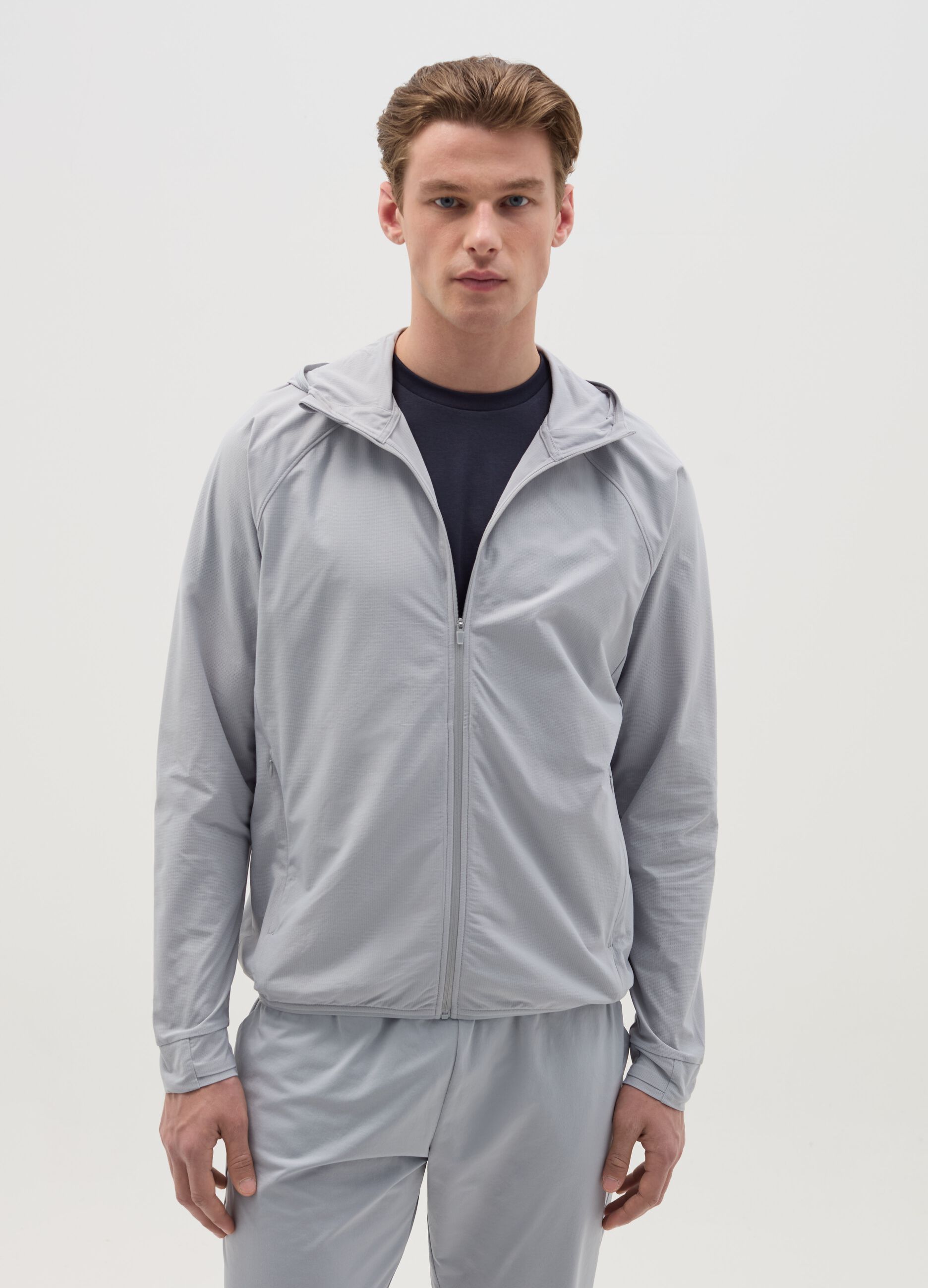 Full-zip sweatshirt in technical fabric with hood
