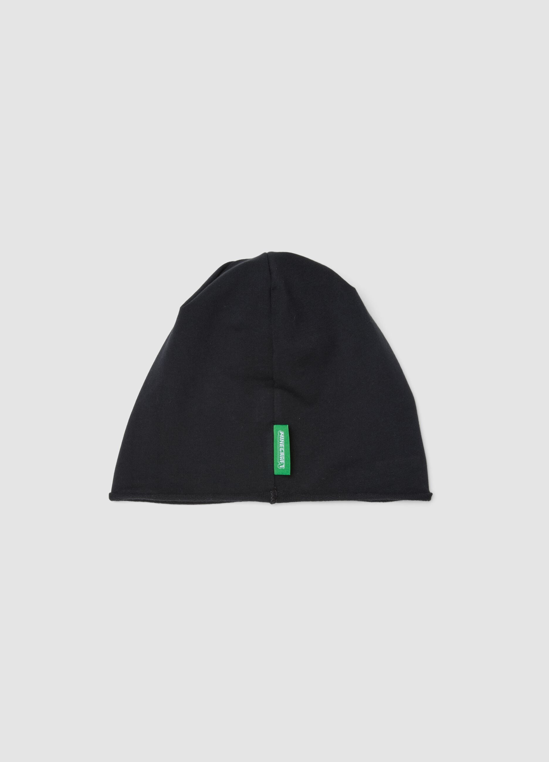 Black stretch cotton beanie hat with Minecraft embroidery for boys