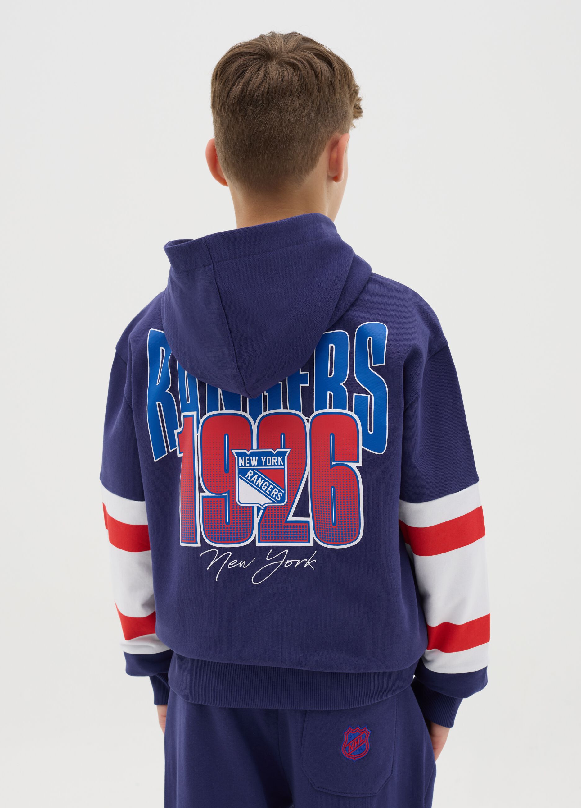 Blue and red New York Rangers full-zip sweatshirt with hood
