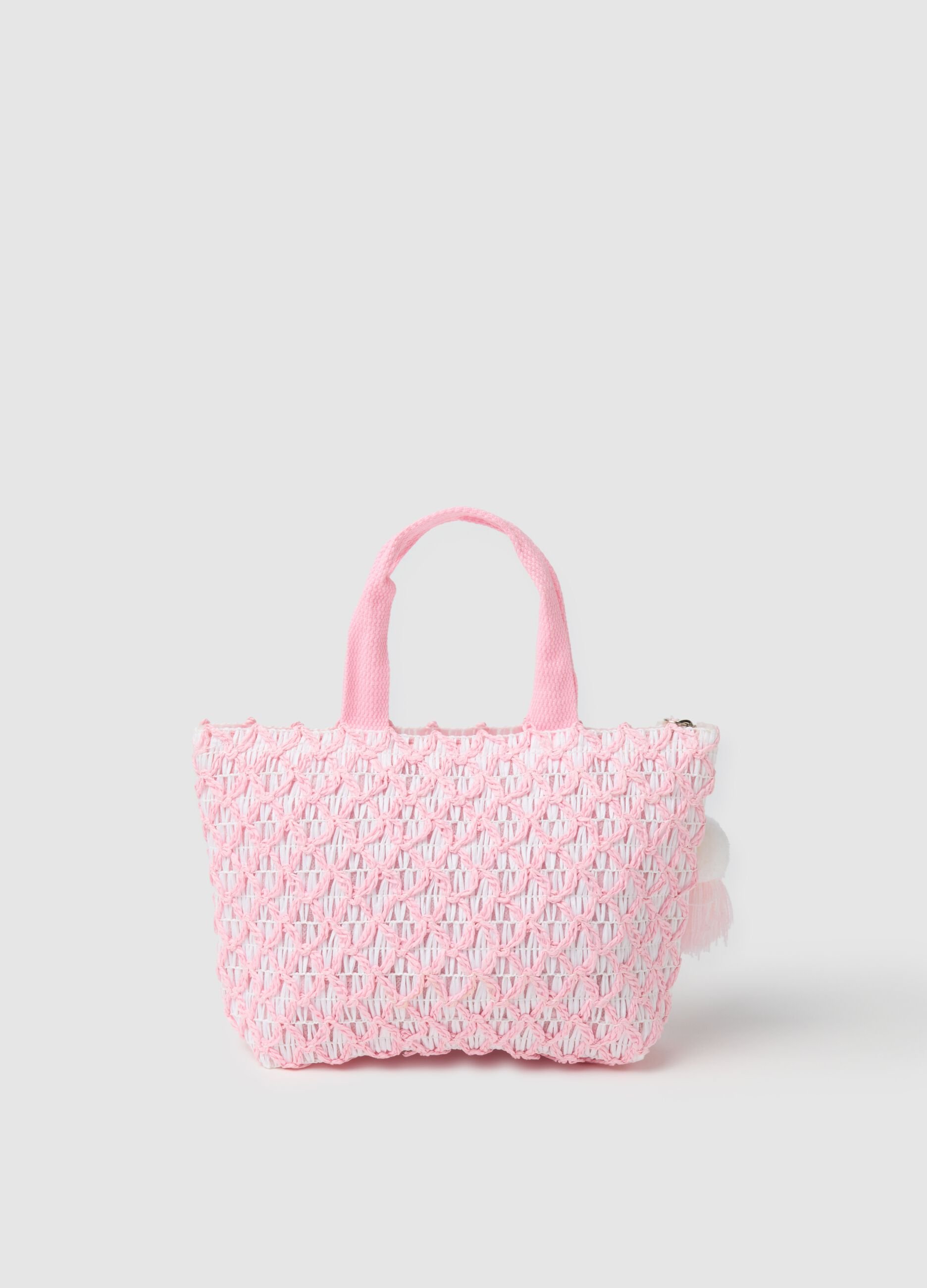 Pink and white raffia maxi bag