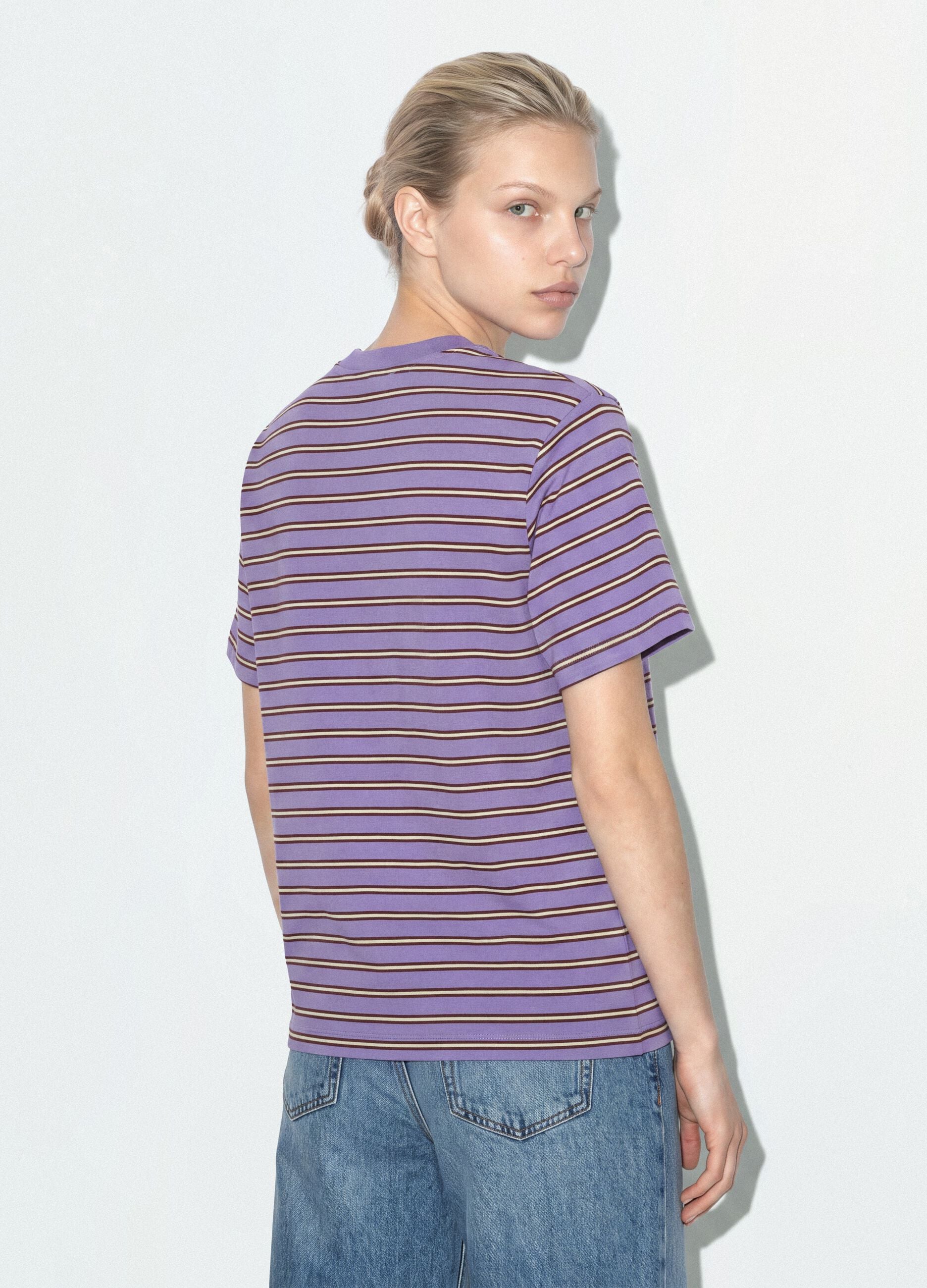 Purple relaxed-fit striped pure cotton T-shirt with embroidered heart