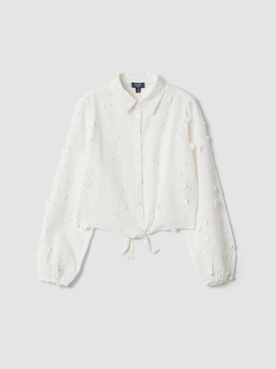 White pure cotton poplin shirt with floral embroidery_0