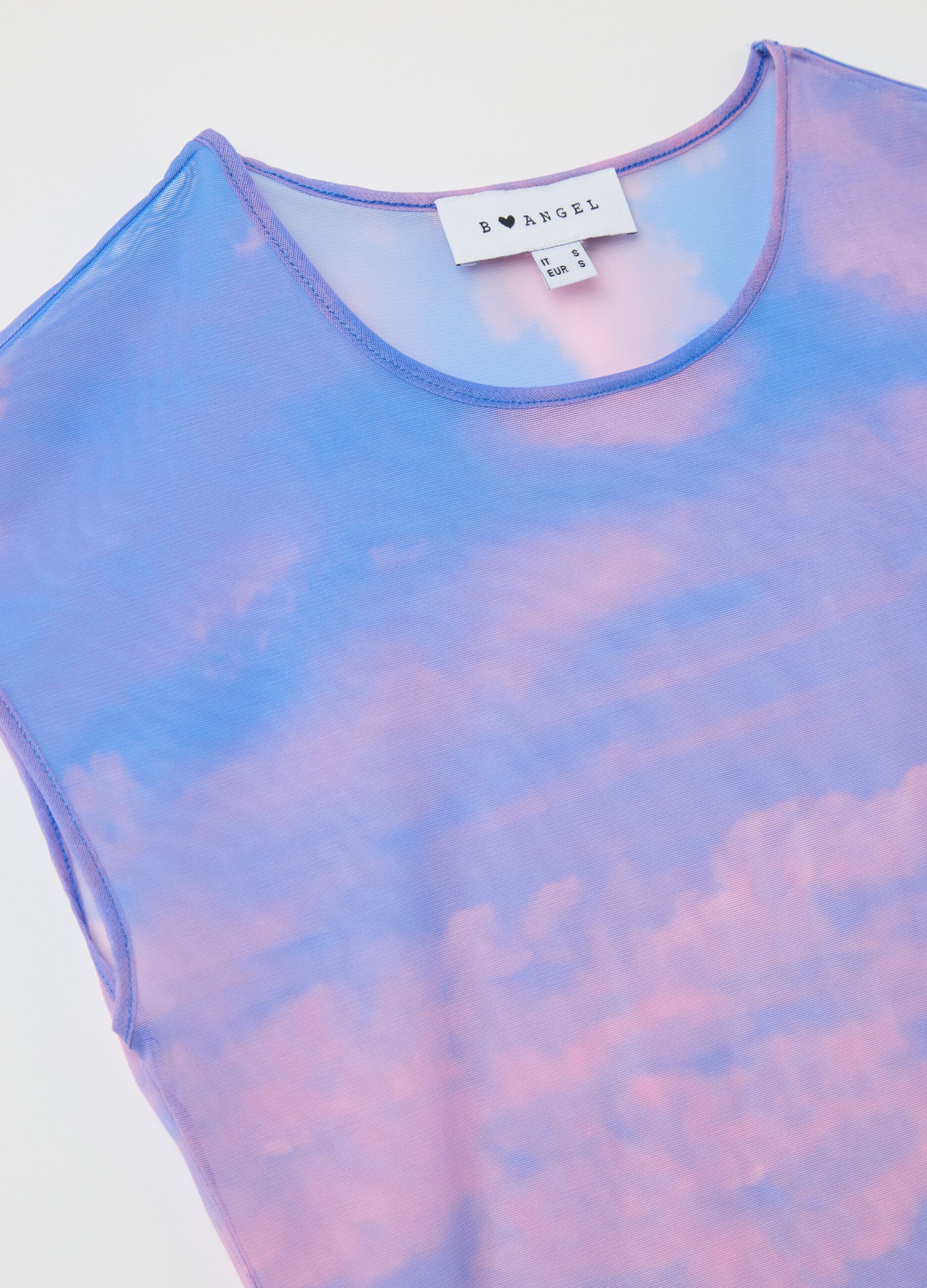 Light blue and pink tank top in mesh with print