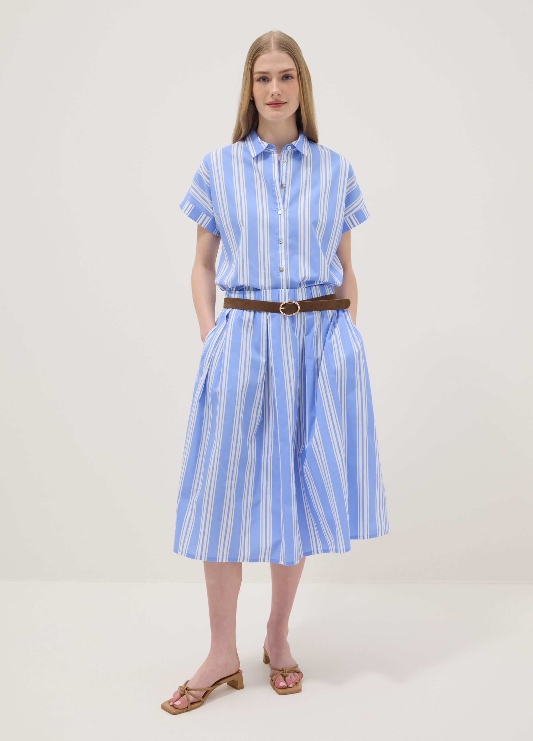 Blue striped pure cotton midi skirt
