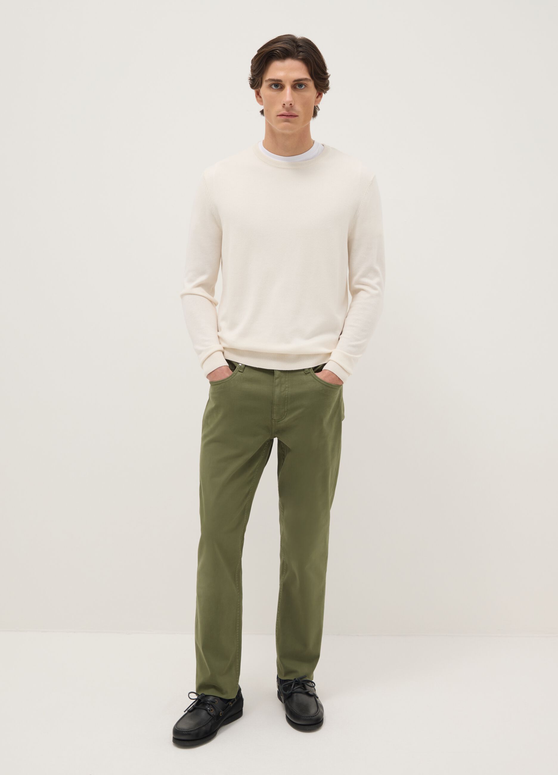 Slim Fit Stretch Cotton Green Trousers