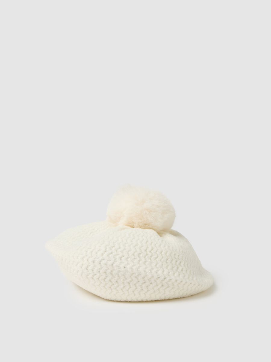 Girls' White Beret with Pom Pom_0