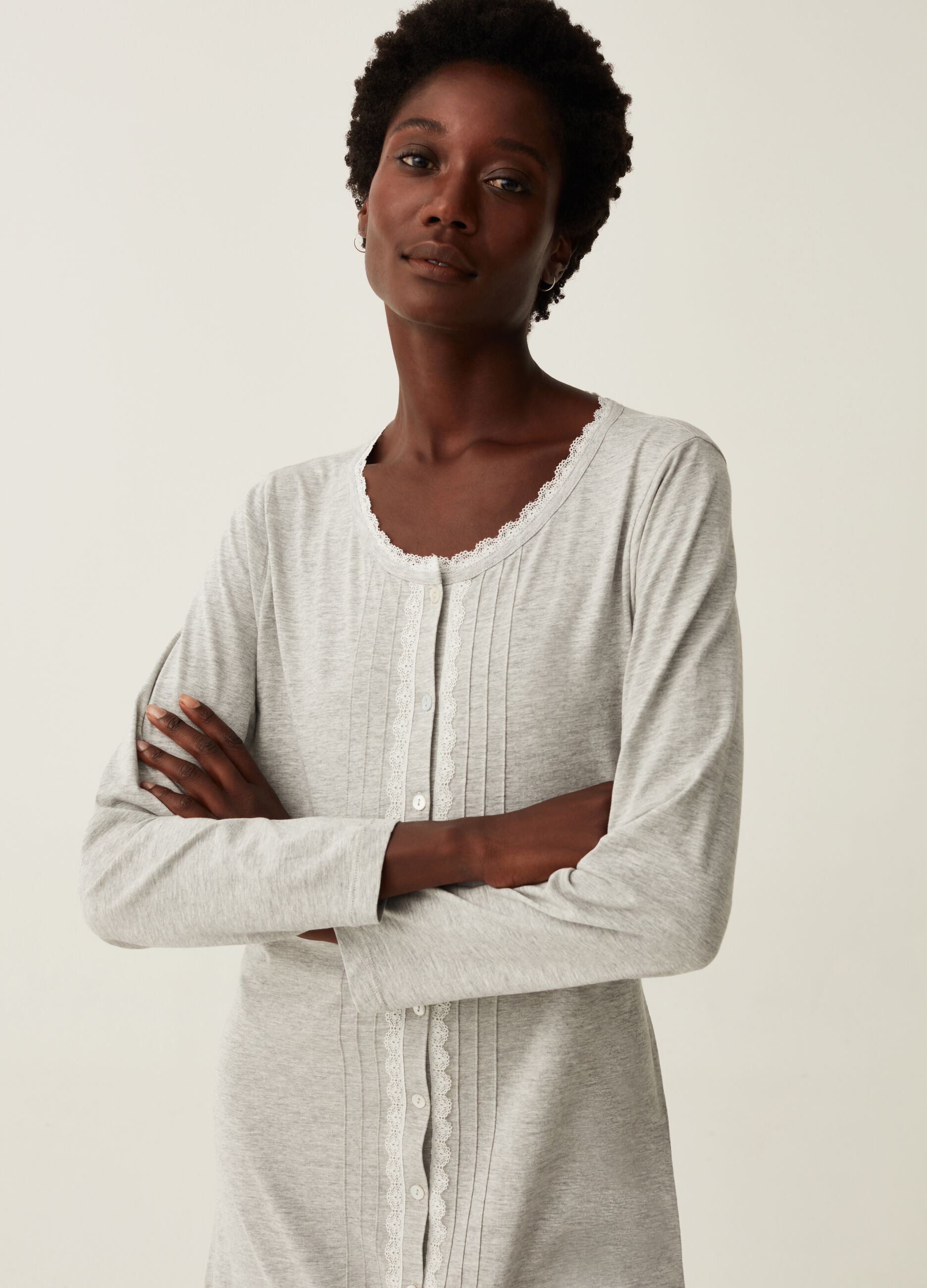 Camicia da notte in cotone e viscosa con pizzo Grigio chiaro melange da Donna OVS