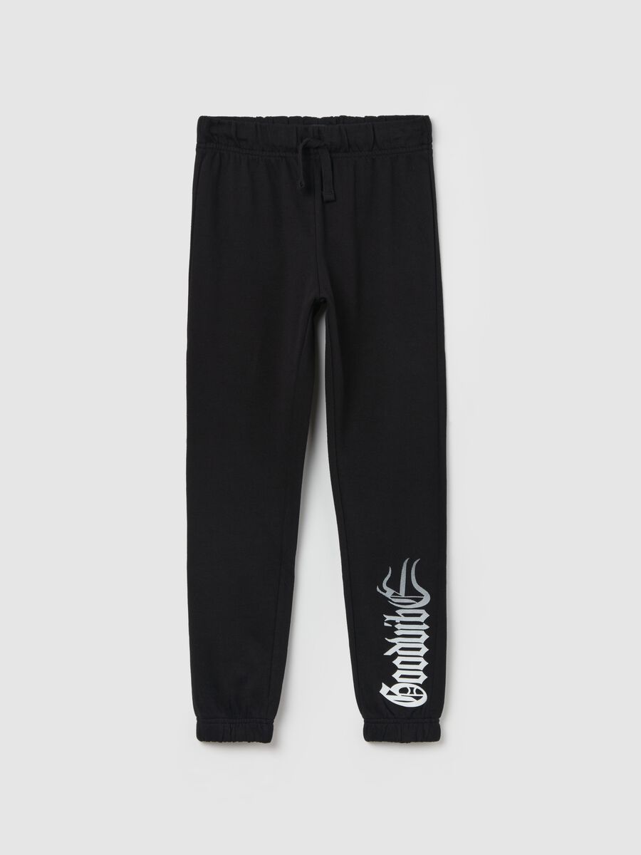 Fleece joggers with gothic motif print_0
