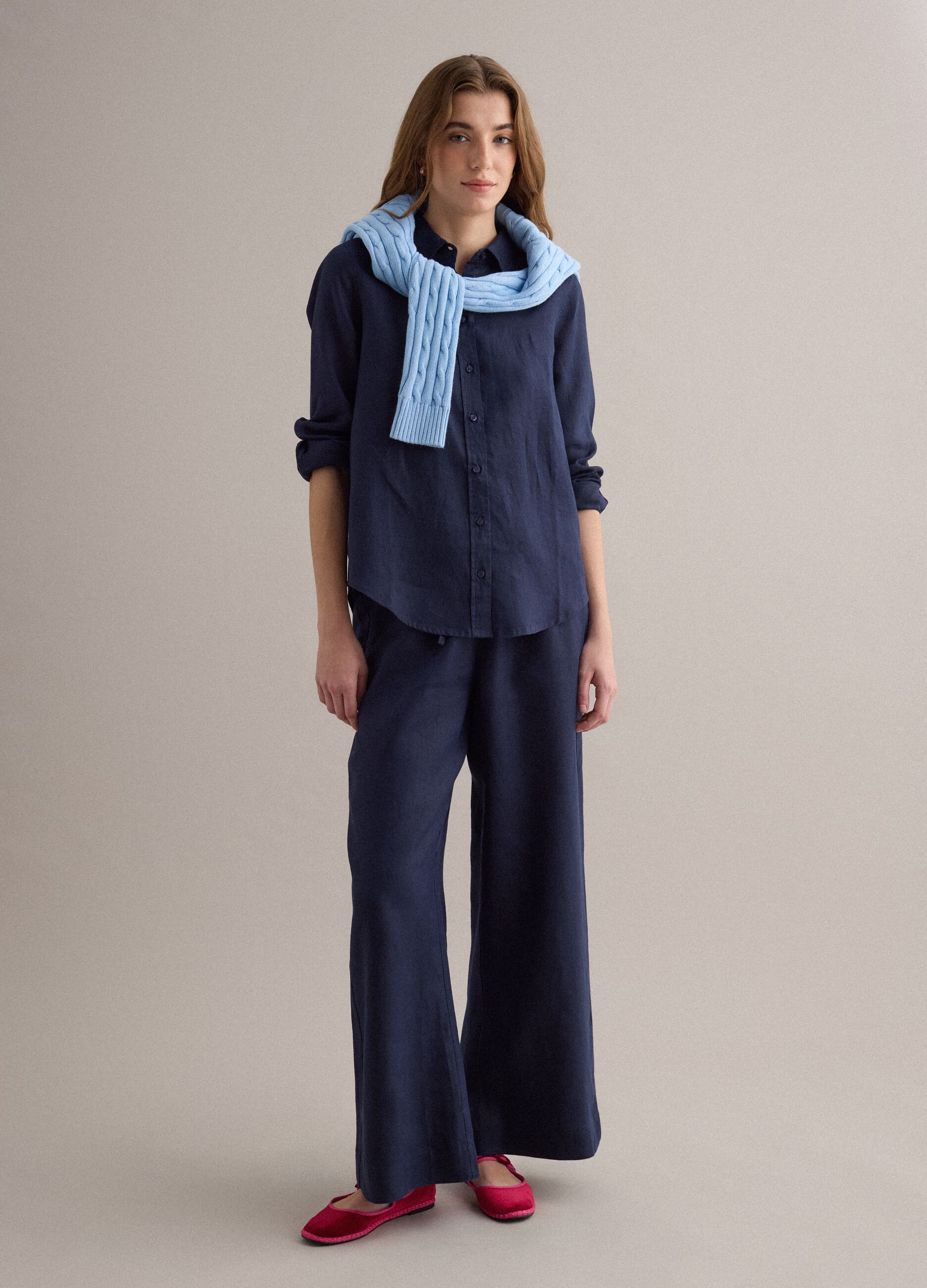 Blue pure linen drawstring trousers, straight fit