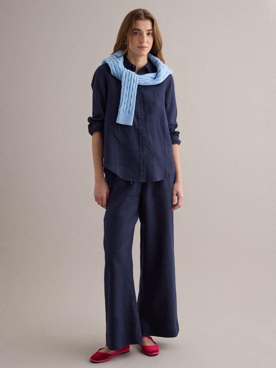 Pantaloni blu in puro lino con coulisse straight fit_0