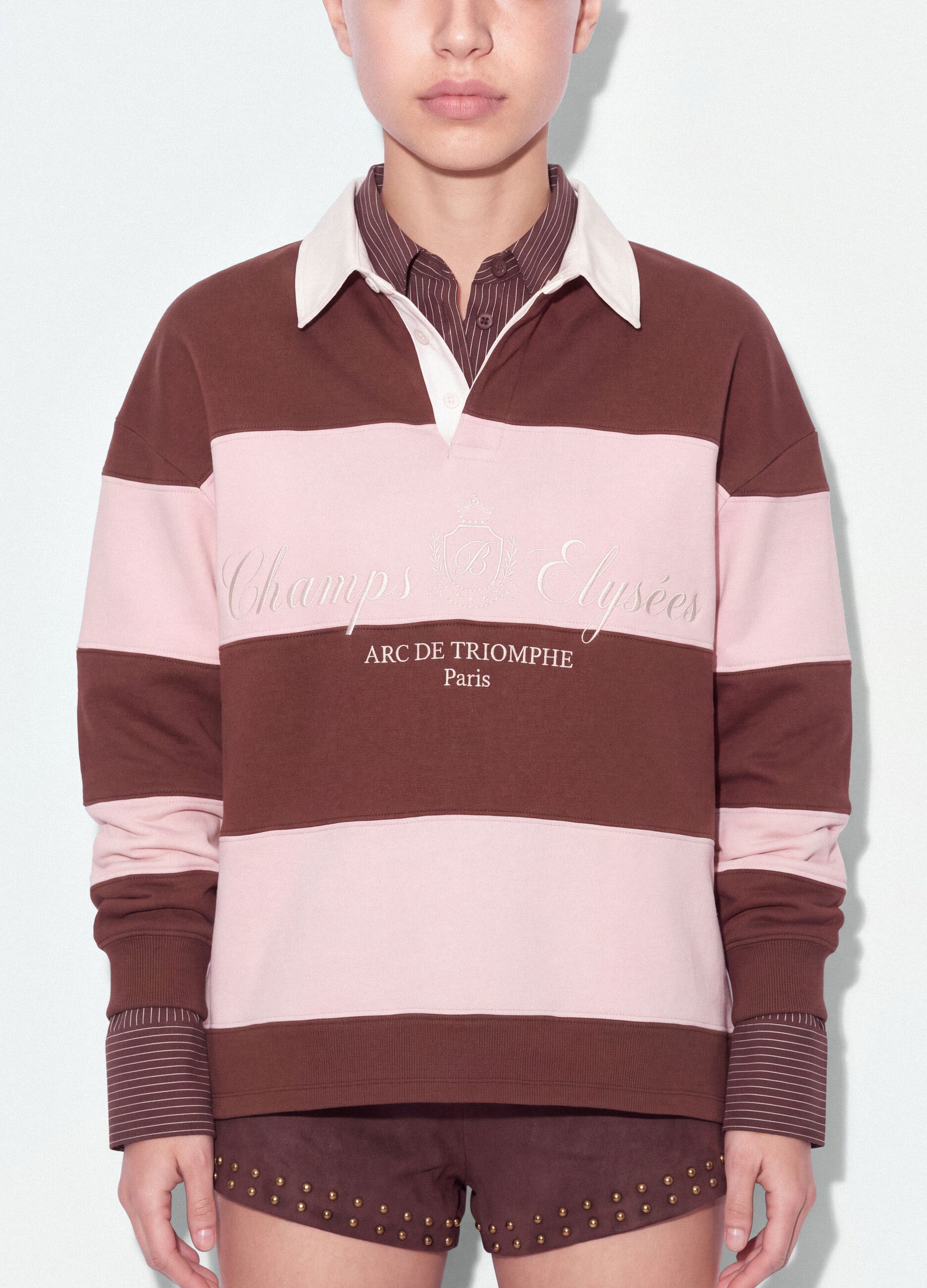 Brown striped cotton-blend sweatshirt with collar, relaxed fit