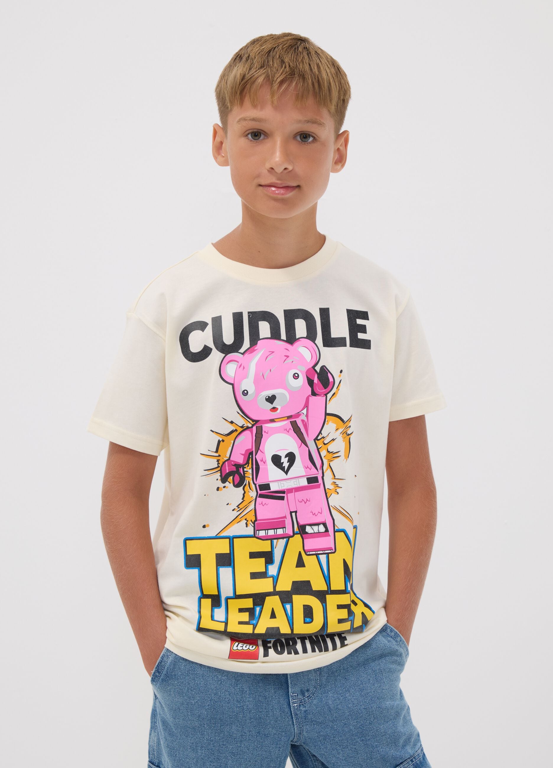 Children's regular fit beige pure cotton t-shirt with prints