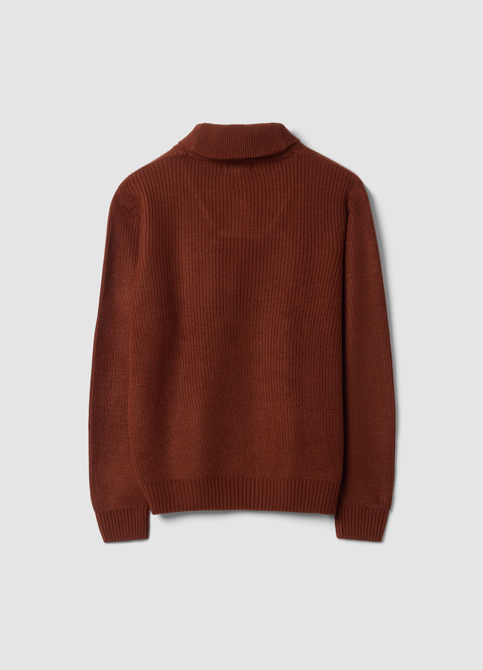 Brown ribbed jumper with shawl collar, regular fit