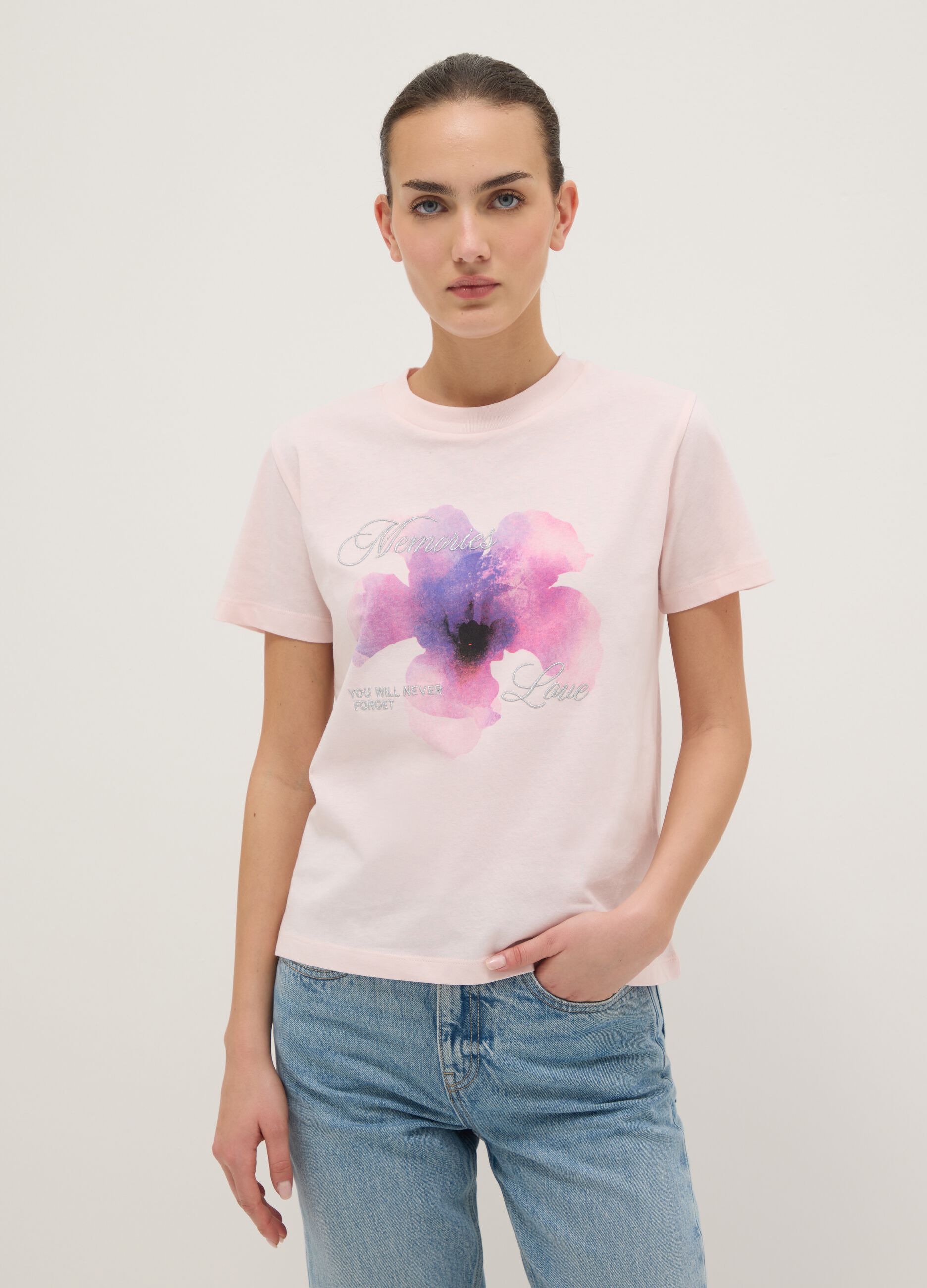 Regular Fit Pure Cotton Pink T-shirt with Floral Print