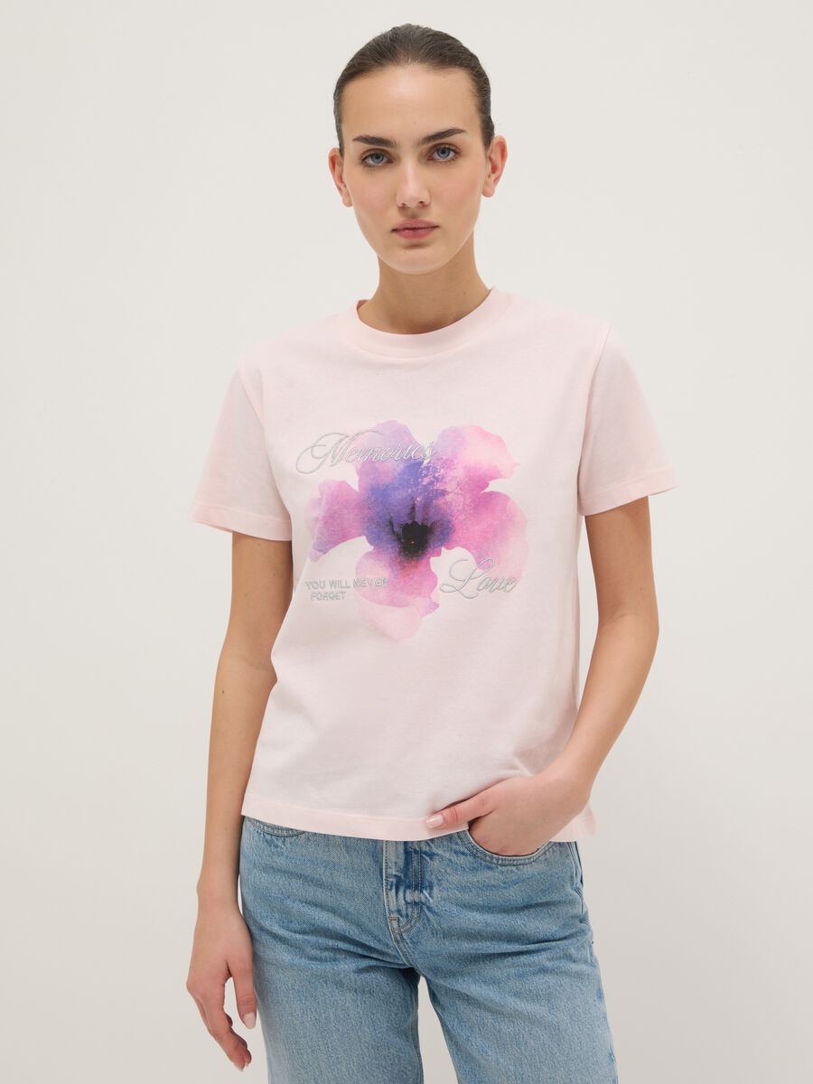 Regular Fit Pure Cotton Pink T-shirt with Floral Print_0