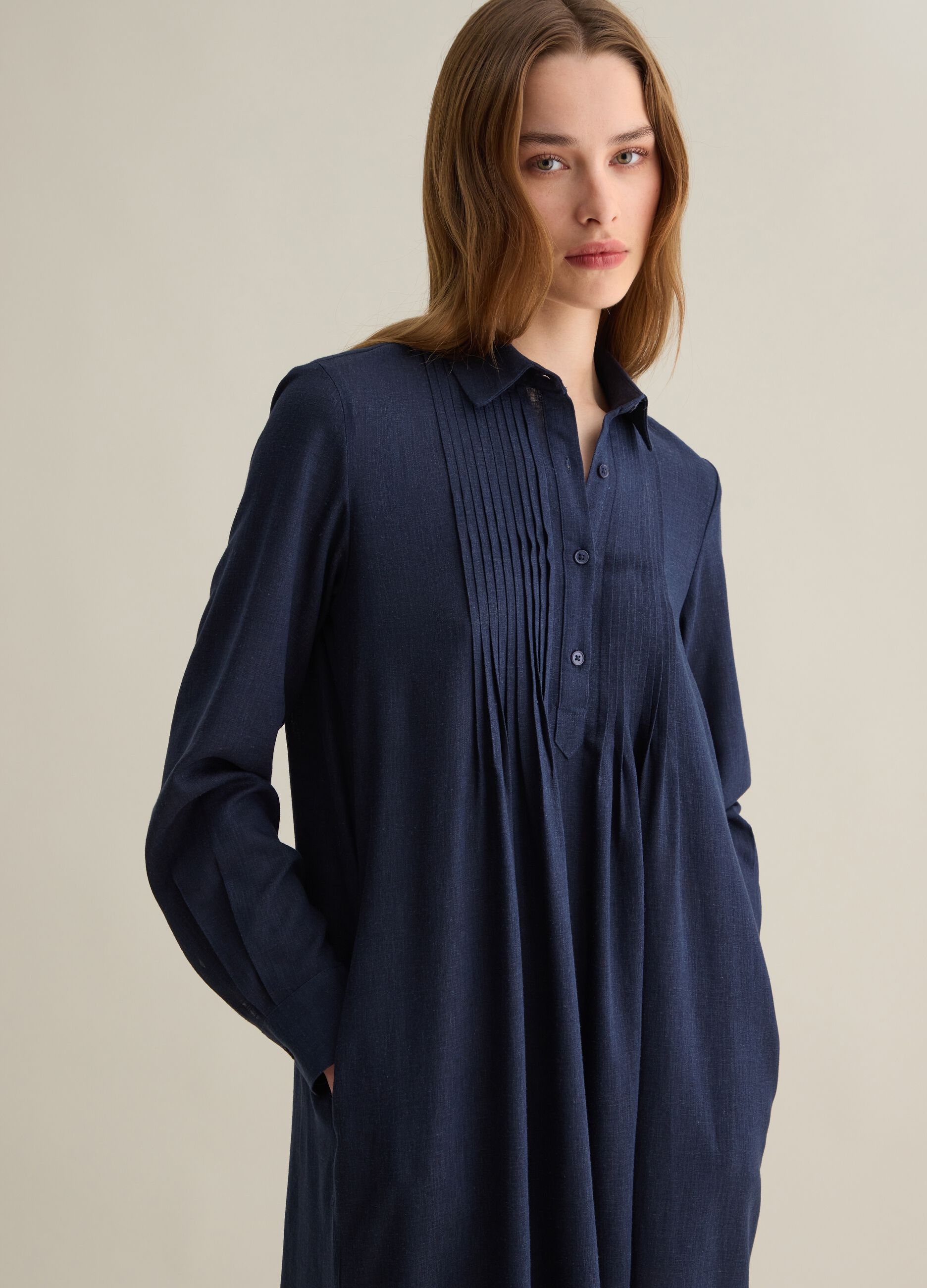 Abito lungo da donna in viscosa e lino blu wide fit