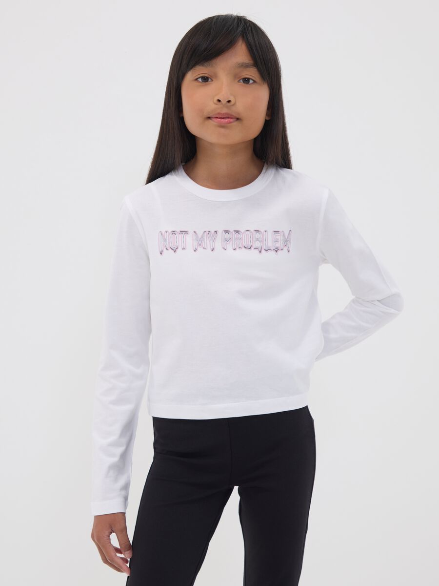 White organic cotton cropped T-shirt with ribbed neckline for girls_0