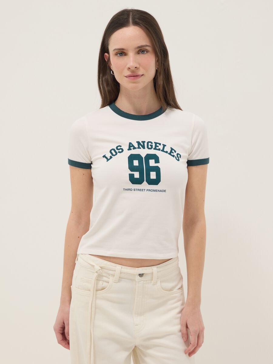 White regular fit stretch cotton T-shirt with green print_1