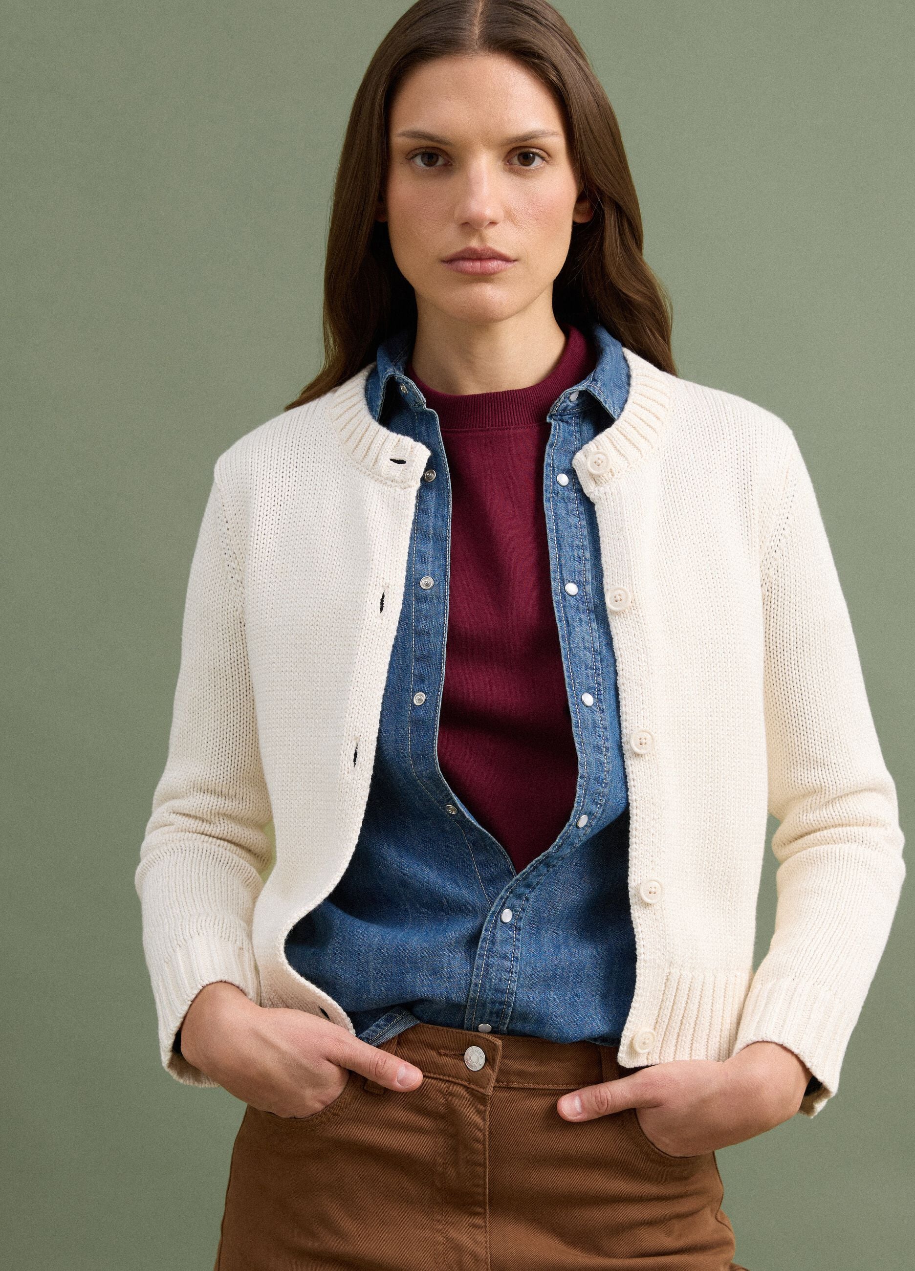 Beige pure cotton cardigan with buttons, regular fit