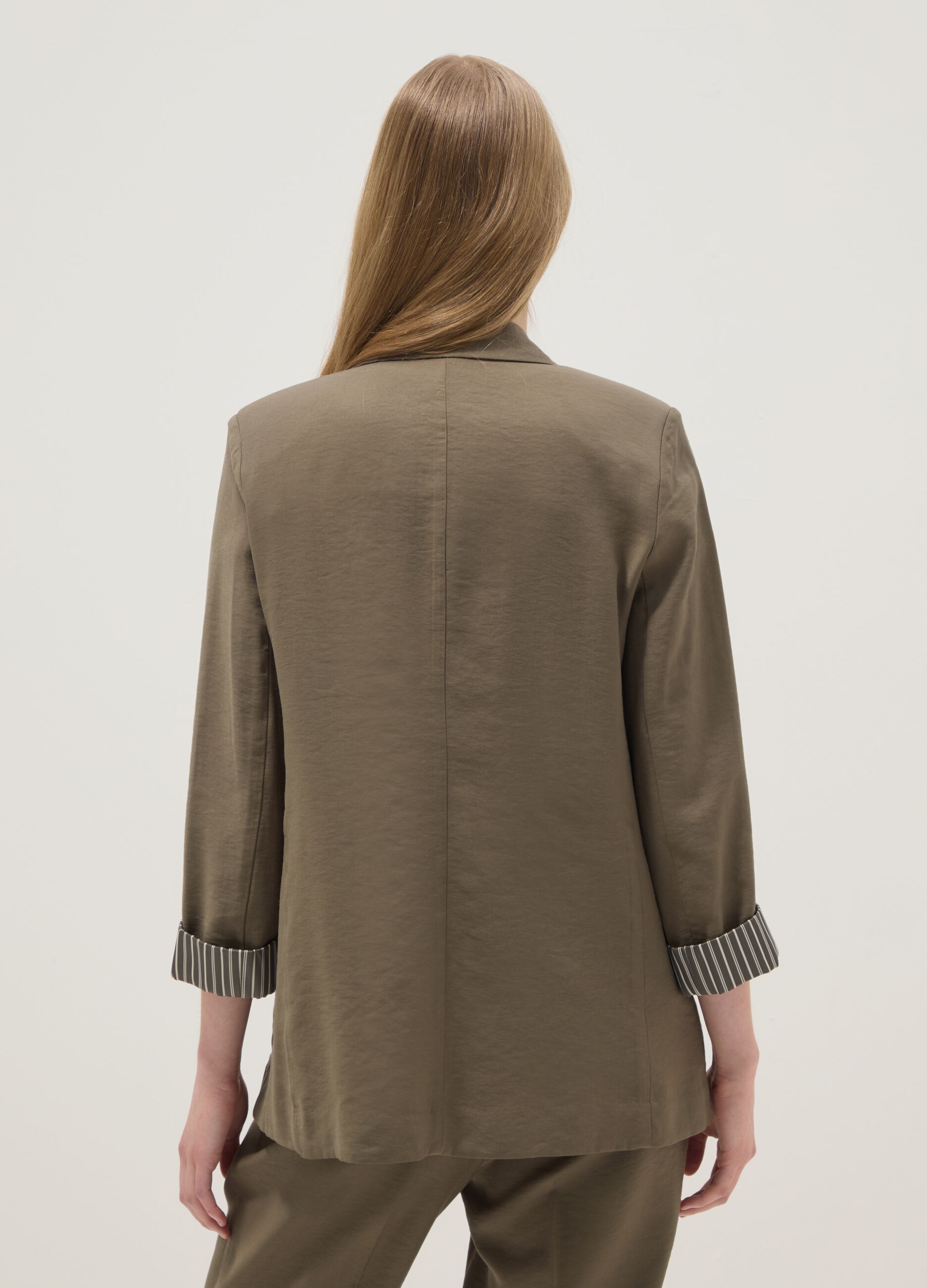 Green regular fit viscose blend blazer with striped cuffs