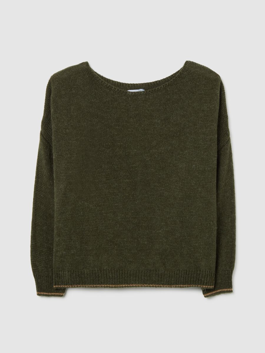 Dark green sweater with round neckline and contrast trim_4