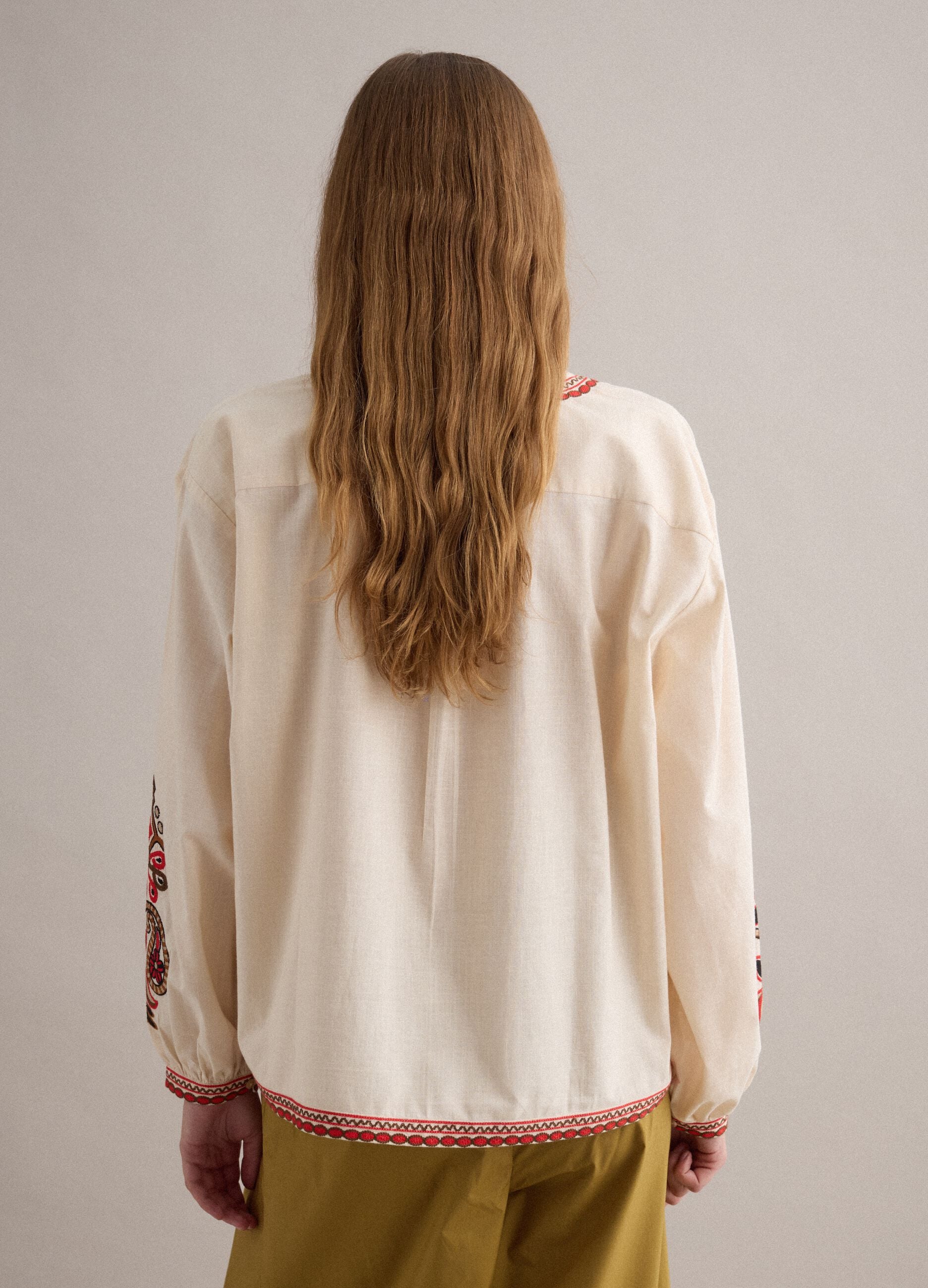 White pure cotton regular-fit shirt with embroidery and V-neck