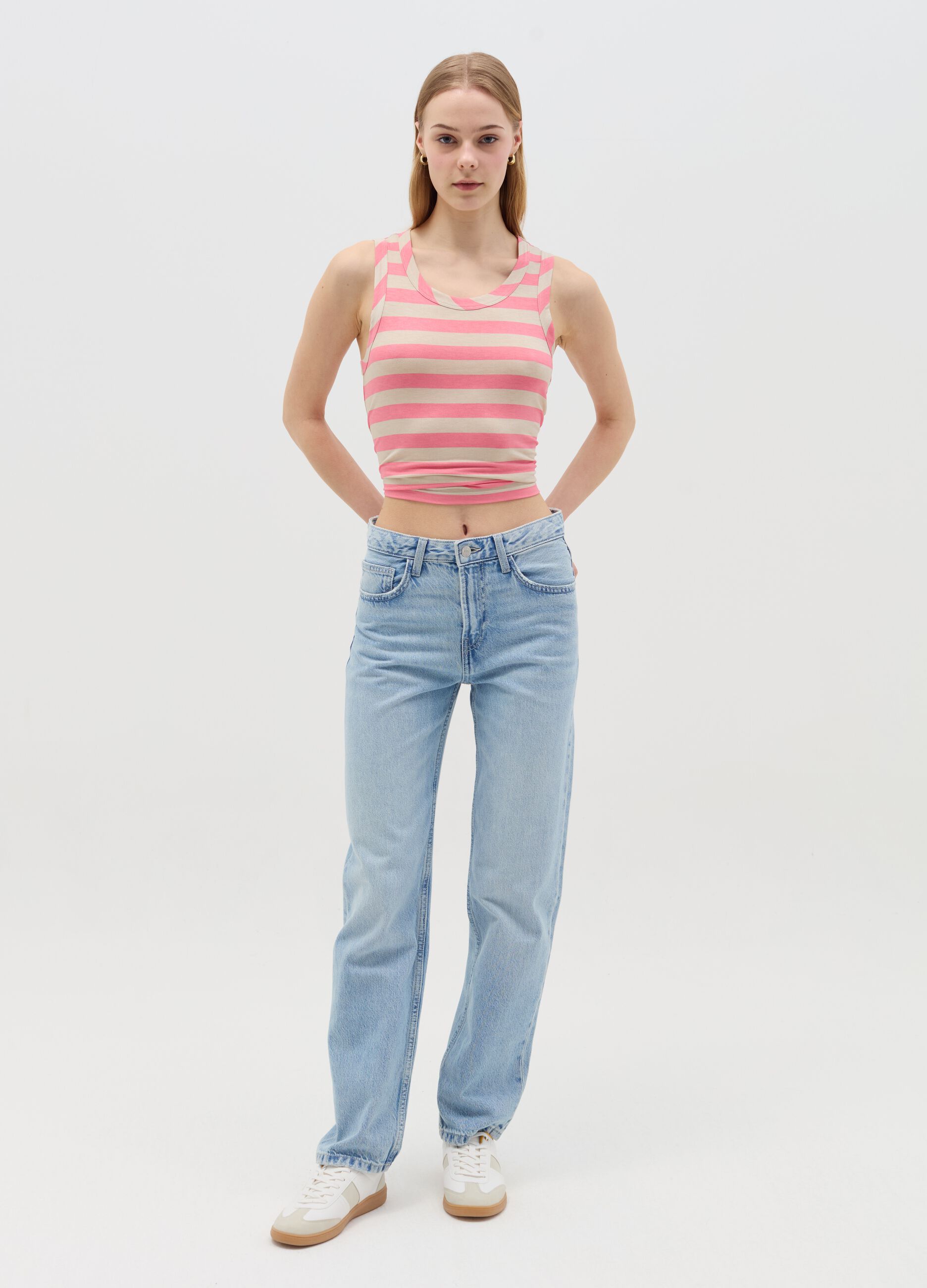 Pink and beige striped tank top in stretch viscose