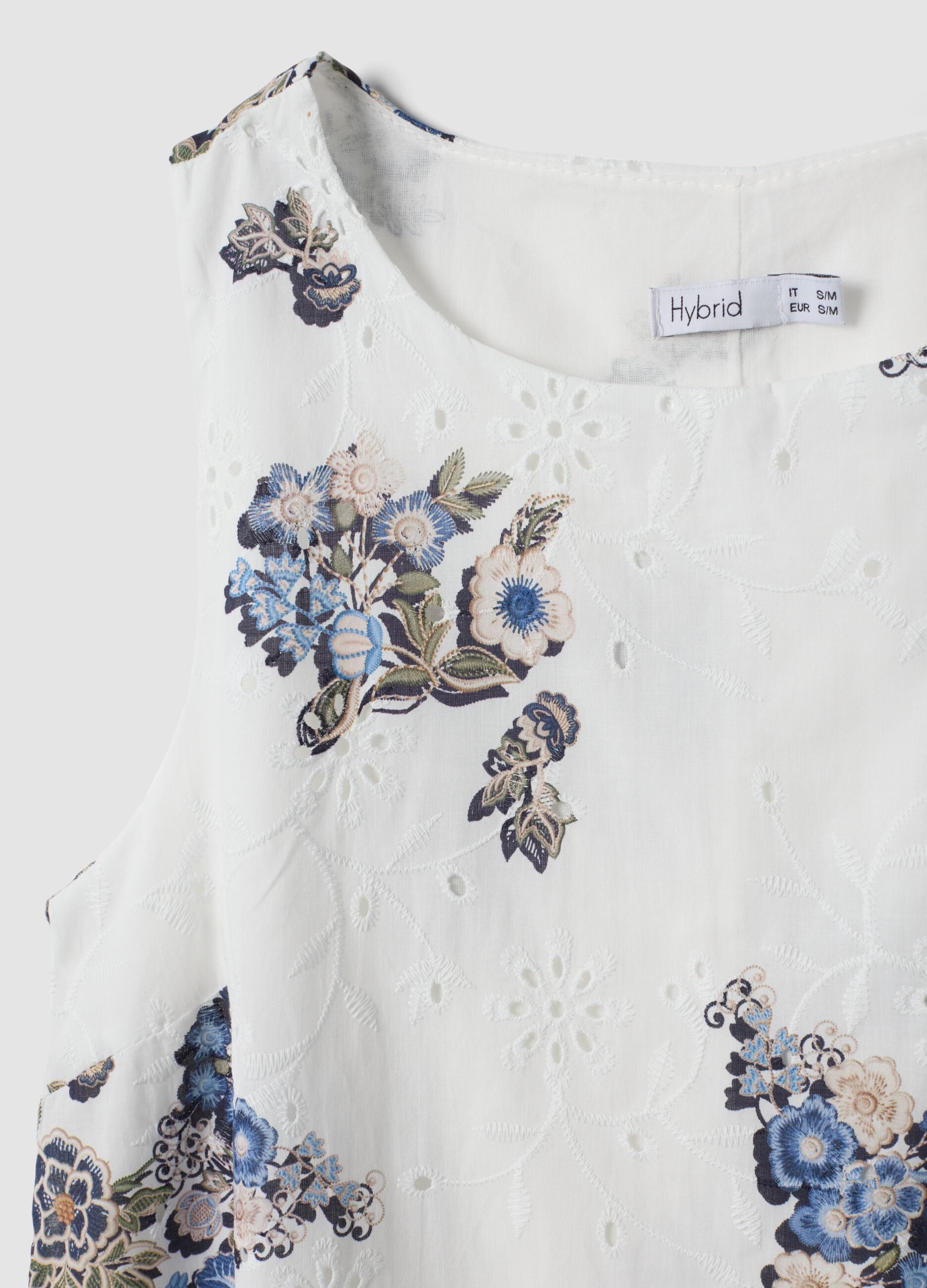 White pure cotton mini dress with floral print
