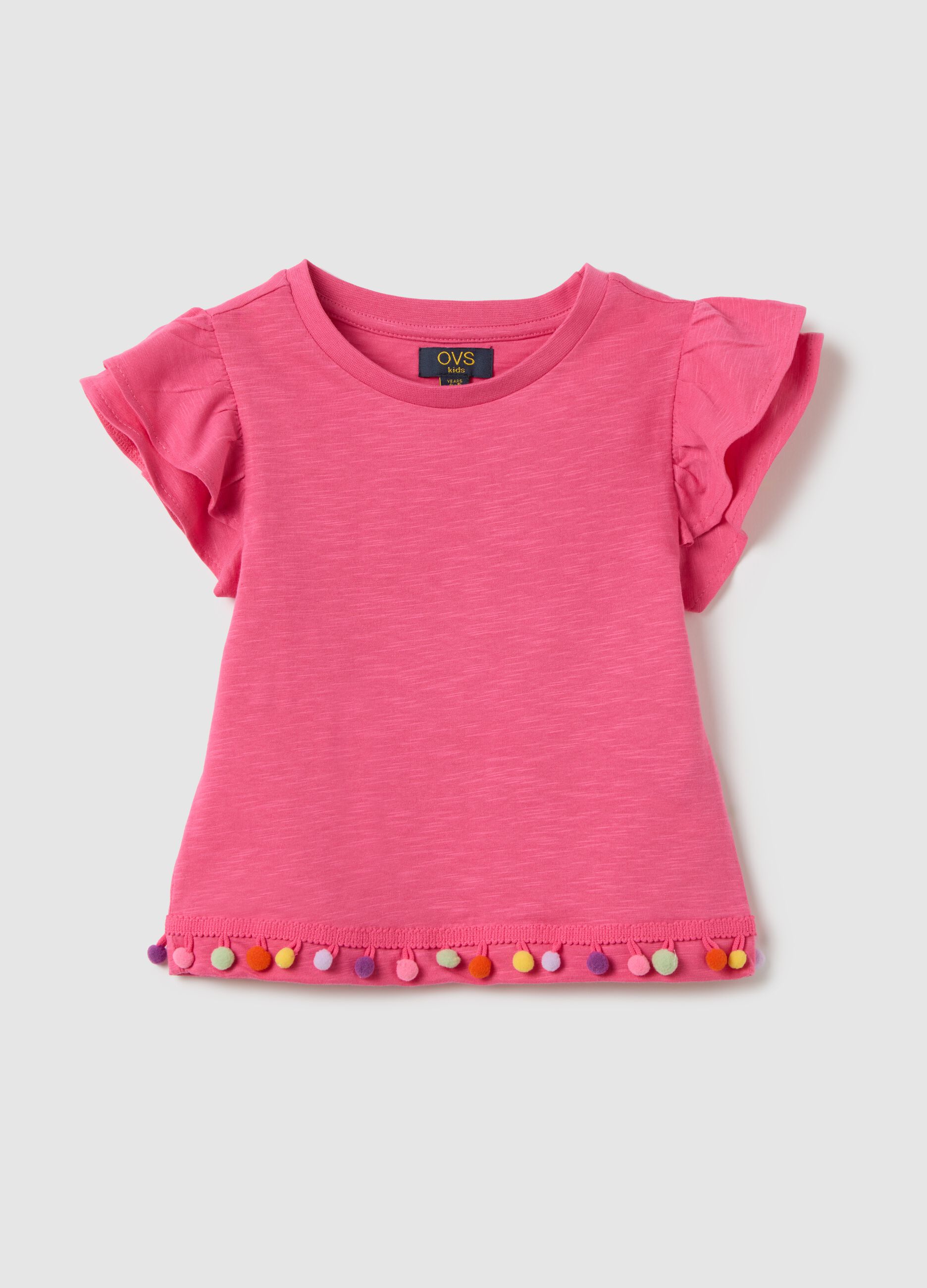 T-shirt da bambina in puro cotone rosa con maniche a balza