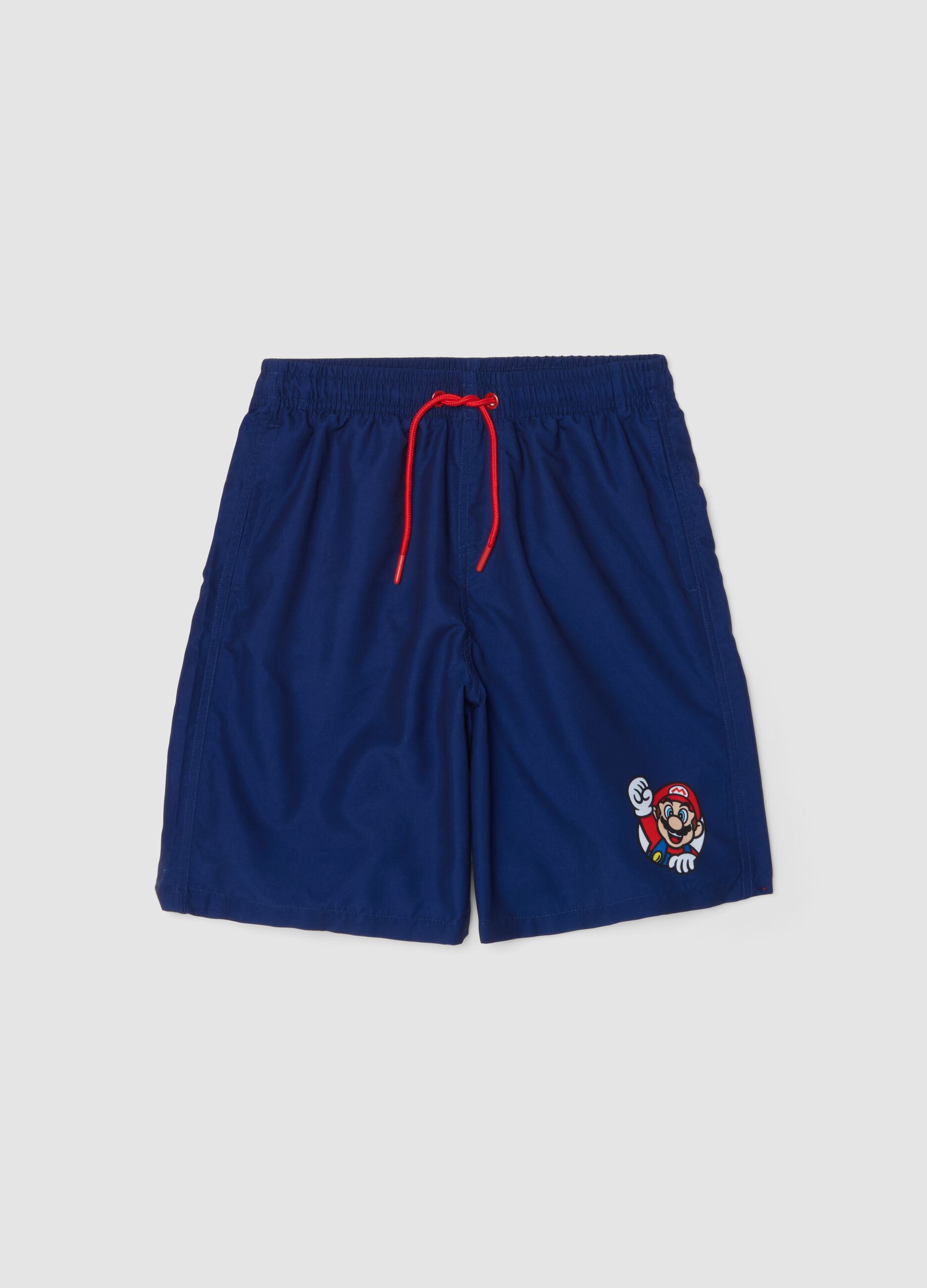 Blue regular fit swim trunks with Super Mario print