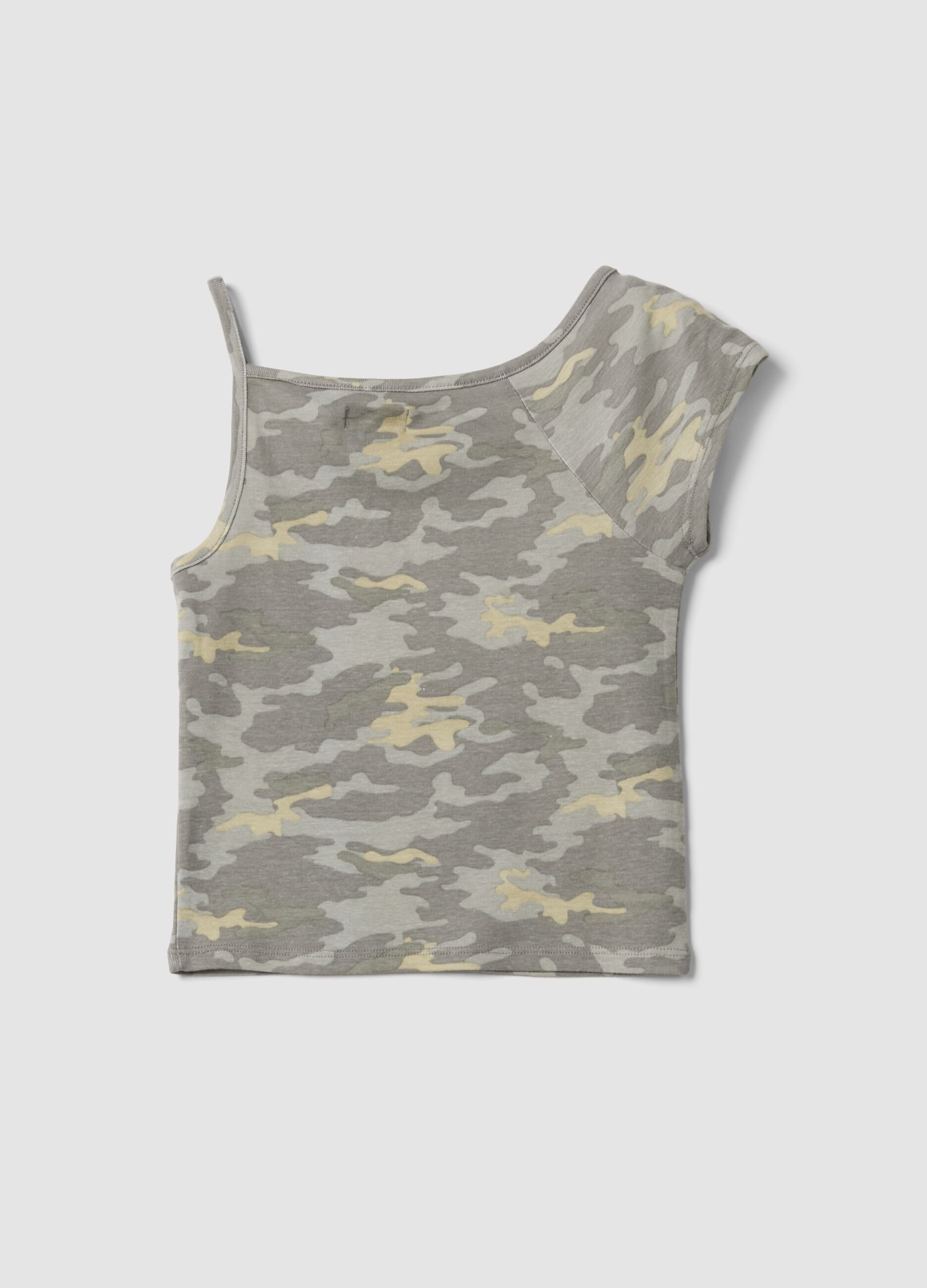 Grey cotton-blend one-shoulder T-shirt with camouflage print