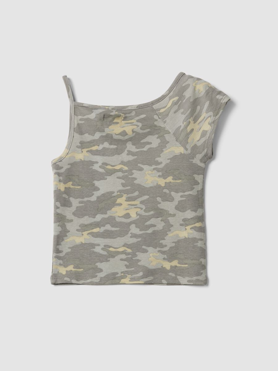 Grey cotton-blend one-shoulder T-shirt with camouflage print_1