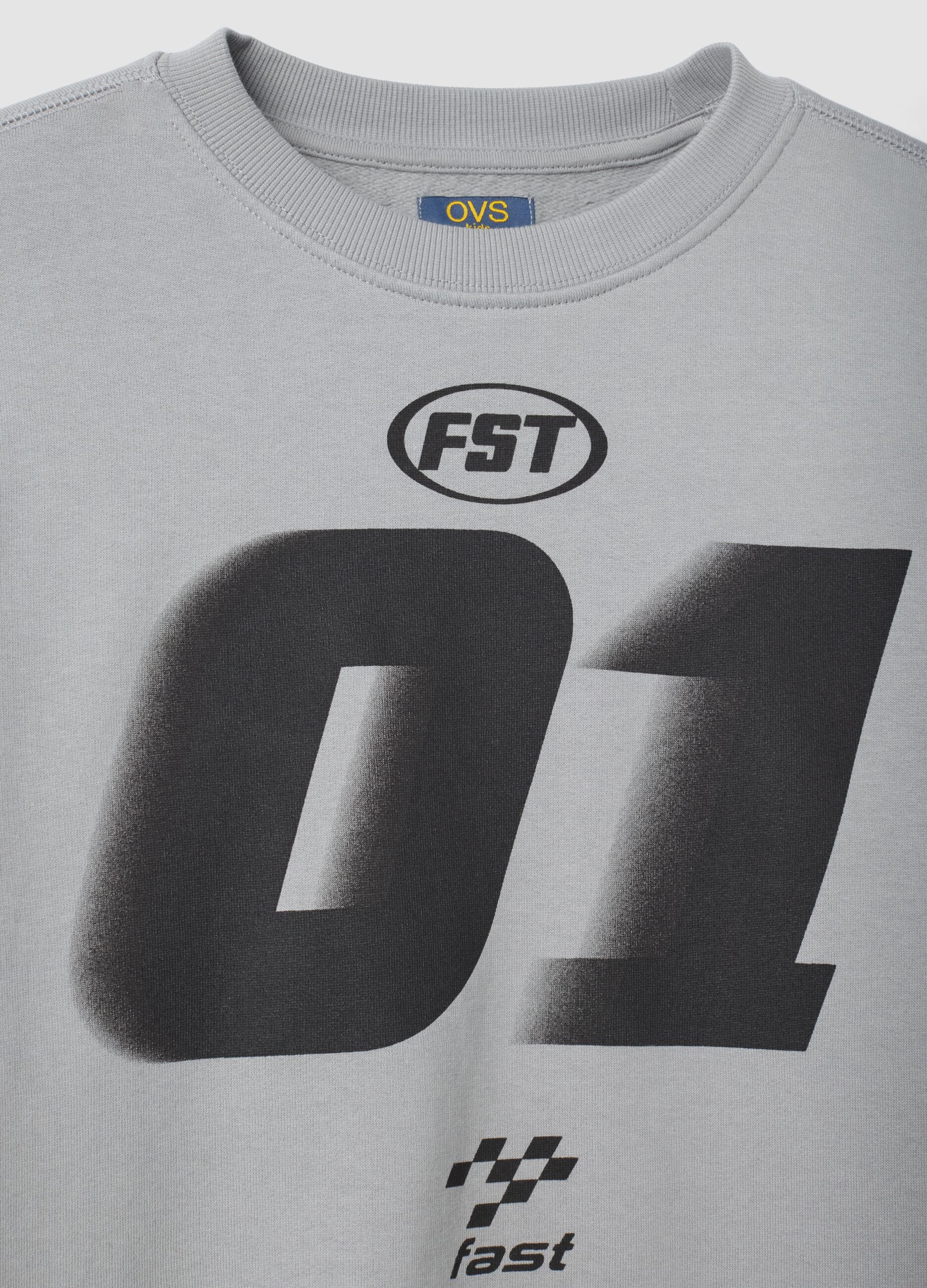Felpa grigia girocollo in puro cotone organico a tema racing relaxed fit