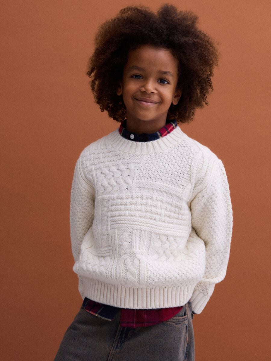 Maglione bianco panna girocollo in maglia lavorata regular fit_0