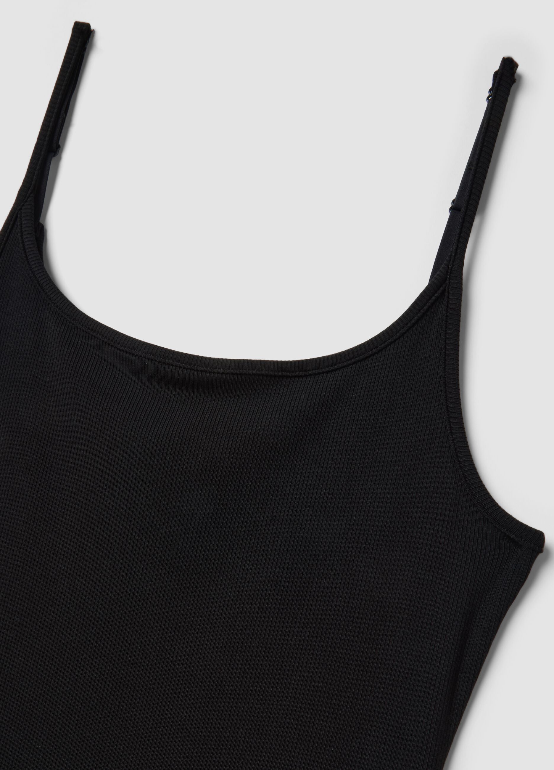 Black fitted ribbed stretch modal dress with straps