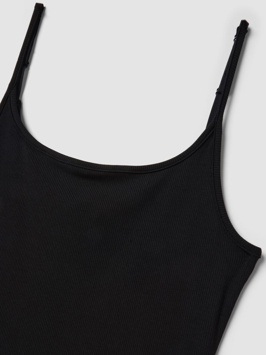 Black fitted ribbed stretch modal dress with straps_1