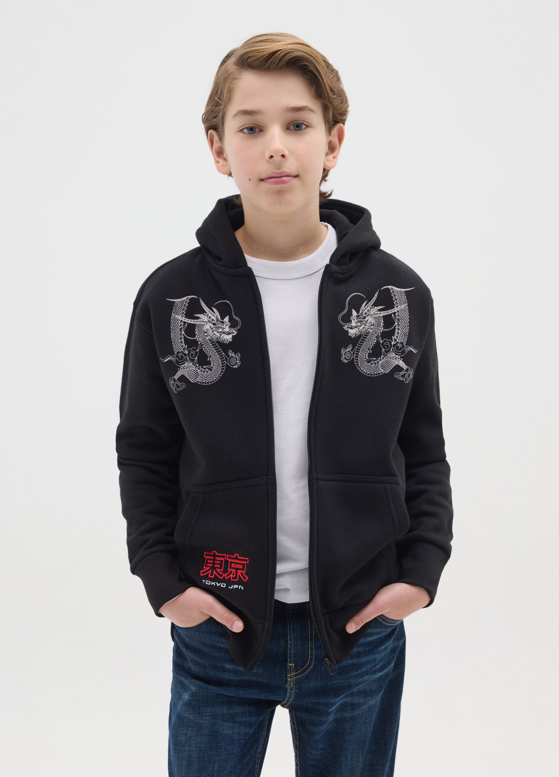 Black Hoodie with Embroidered Dragons
