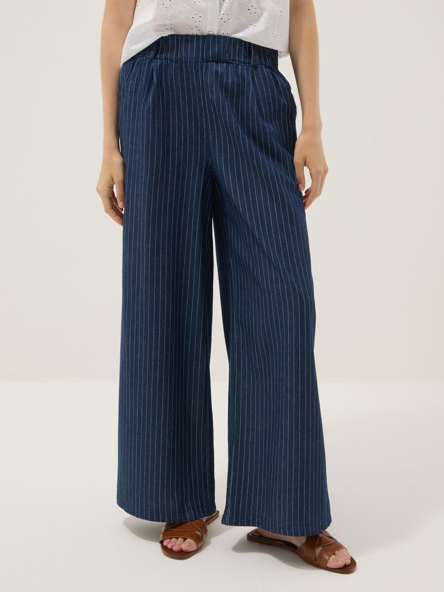 Pantaloni palazzo blu in puro cotone a righe_2