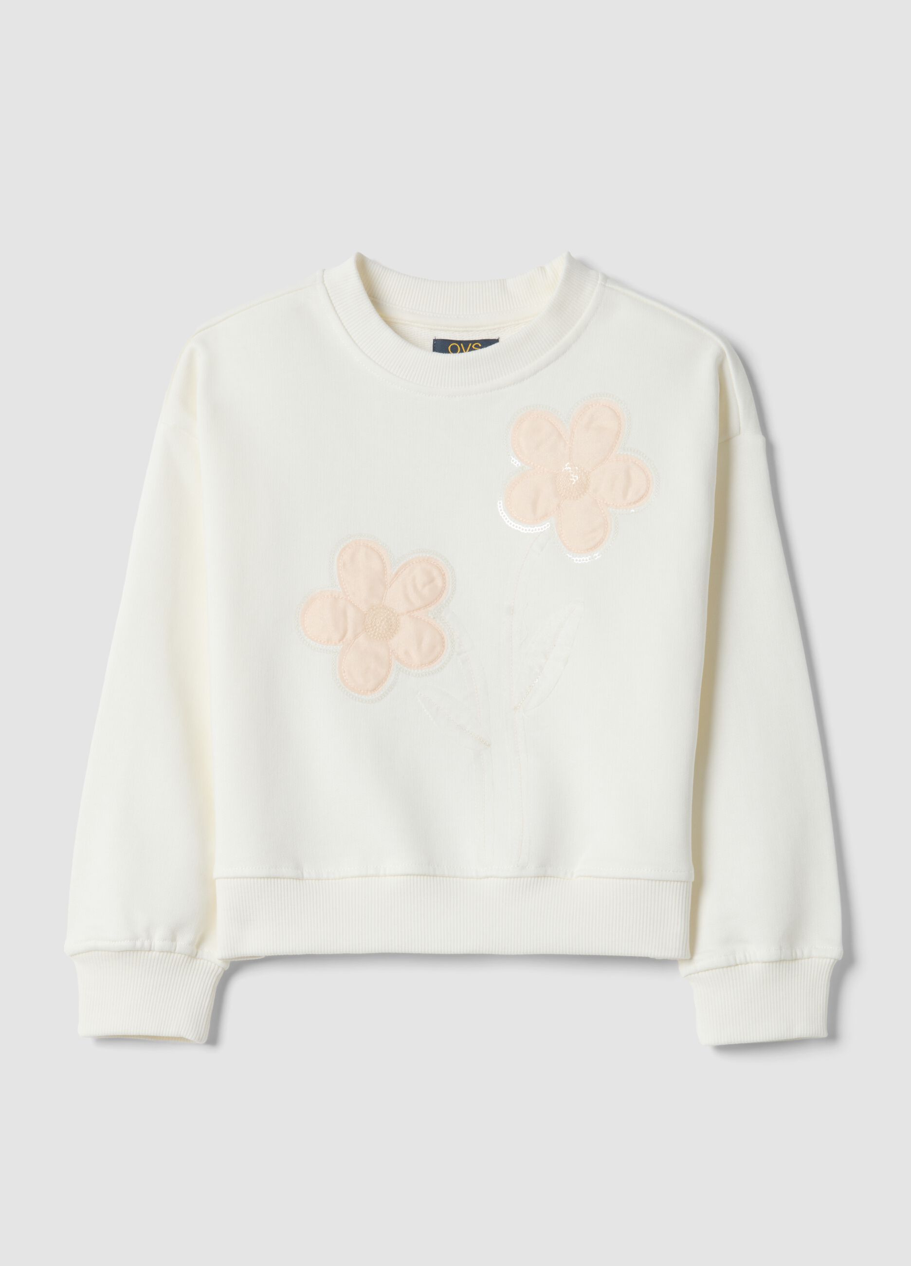 Girls' white pure cotton sweatshirt regular fit with floral embroidery