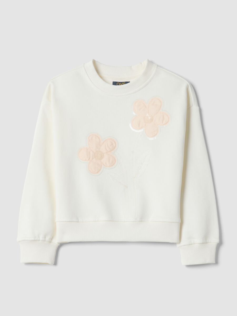 Felpa in puro cotone bianca da bambina regular fit con ricami floreali_0