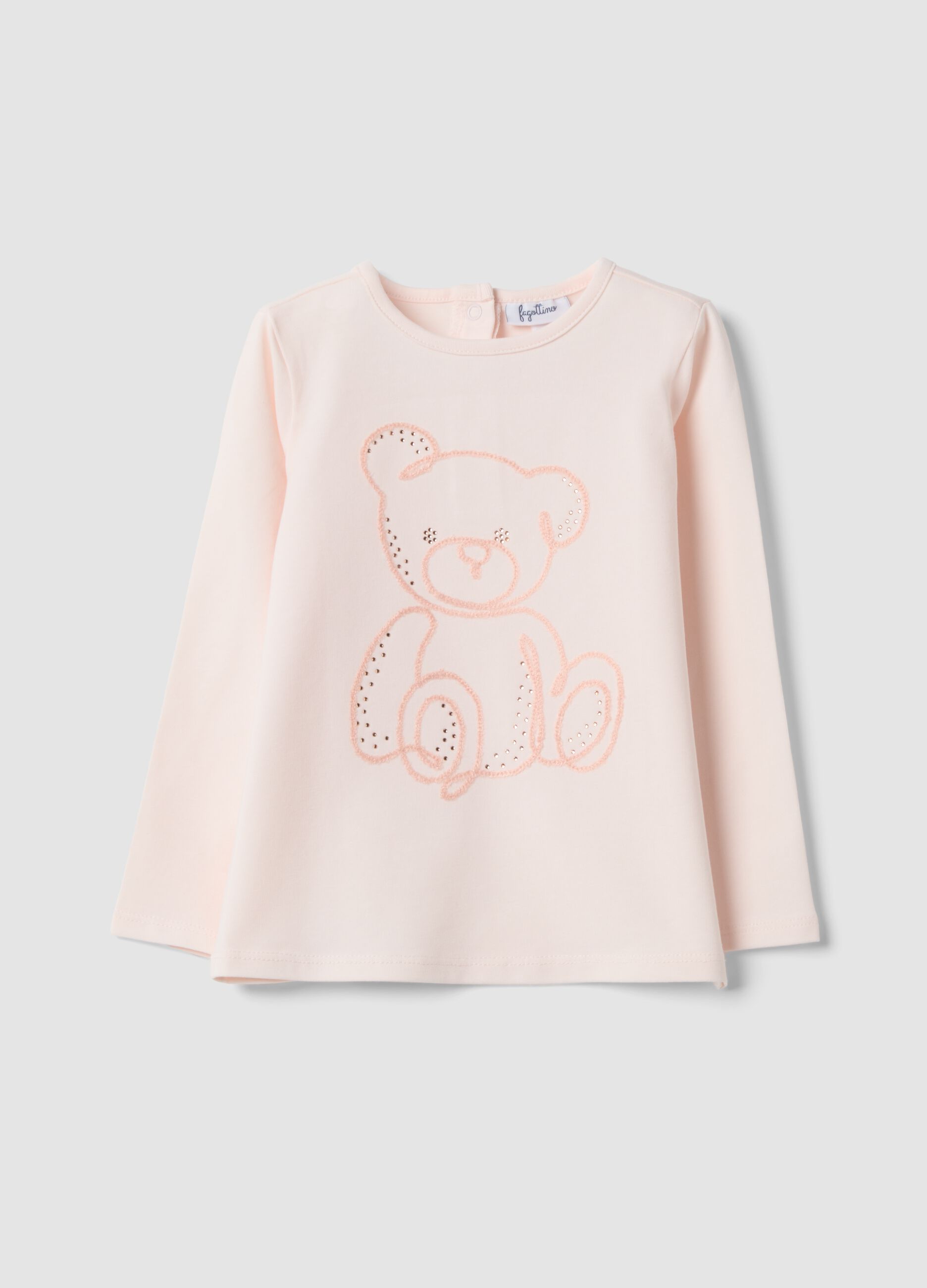 Pink stretch organic cotton T-shirt with teddy bear embroidery