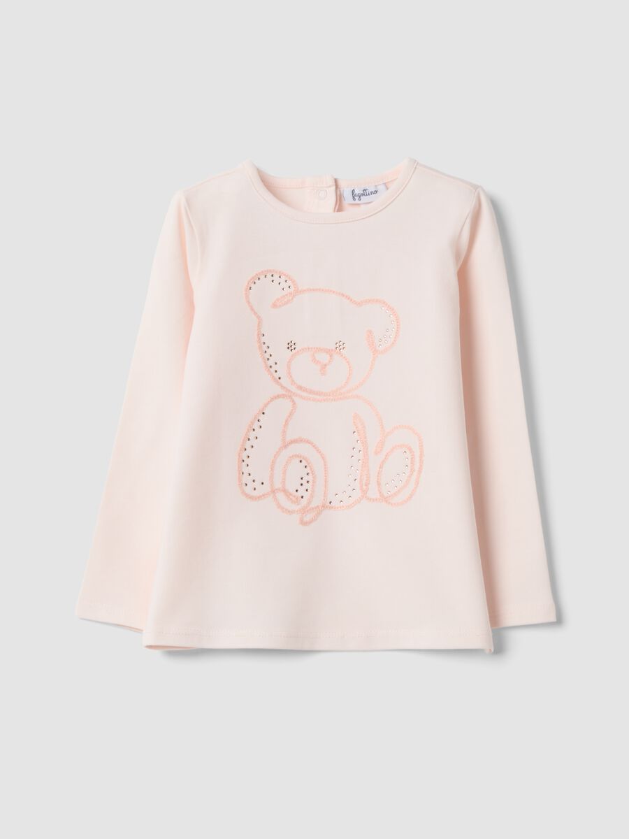 Maglietta rosa in cotone organico elasticizzato con ricamo orsetto_0